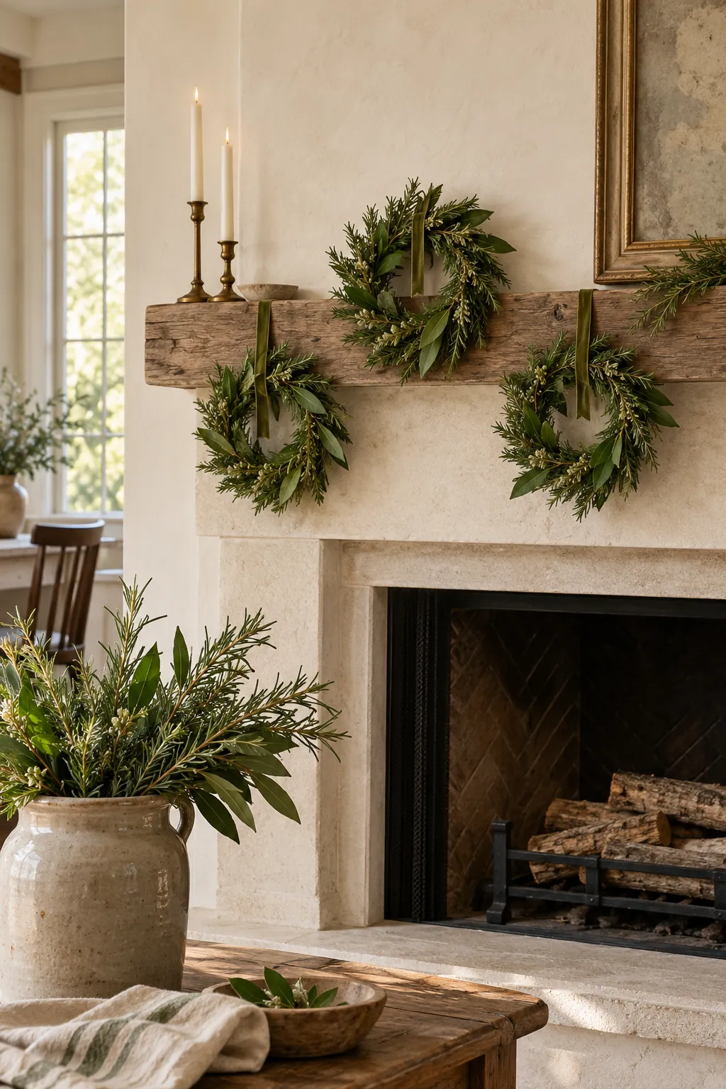 Rosemary and Bay Mini Wreaths Christmas mantel decorating idea