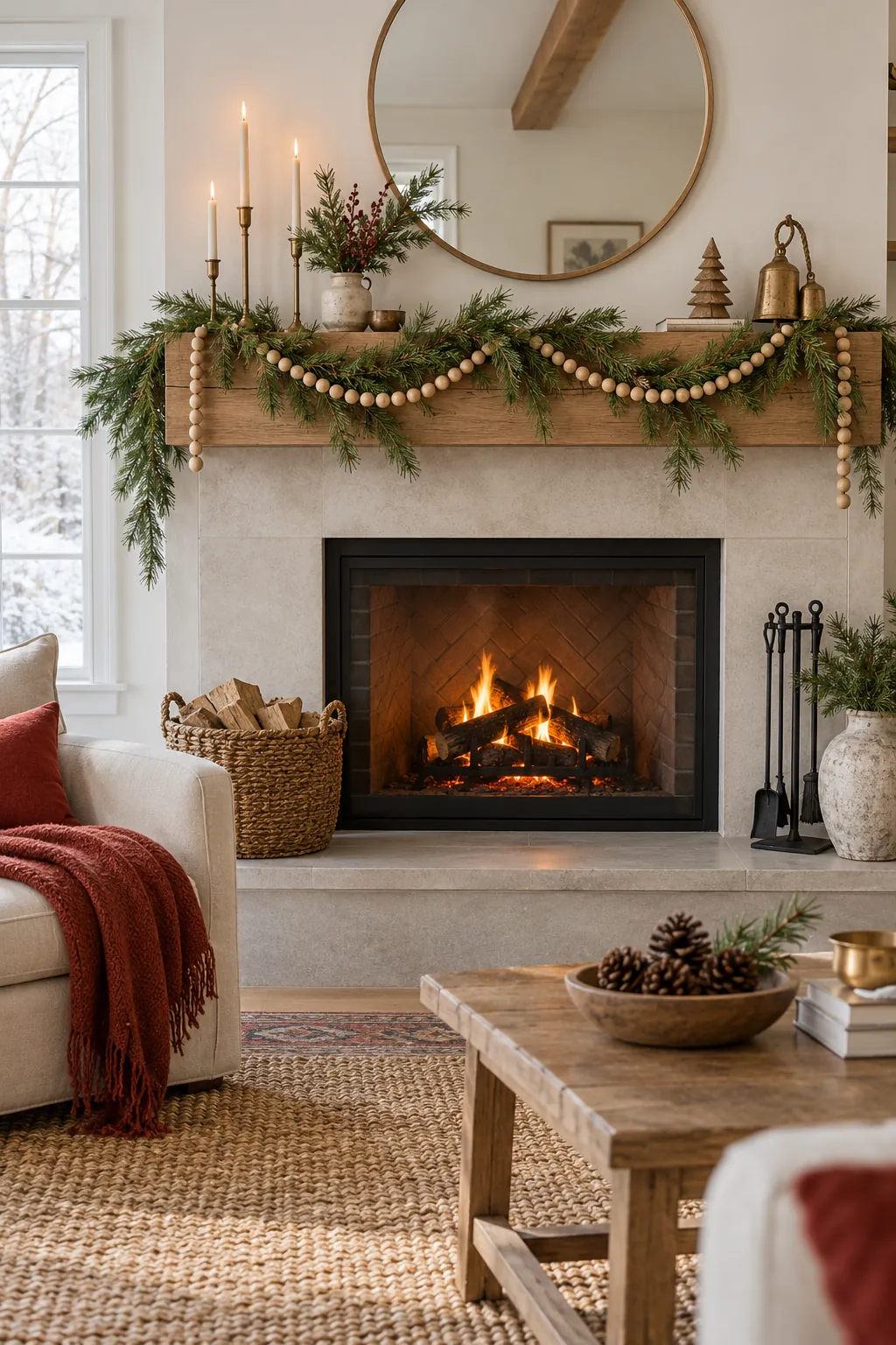 Scandinavian Wood Bead Strand Christmas mantel decorating idea