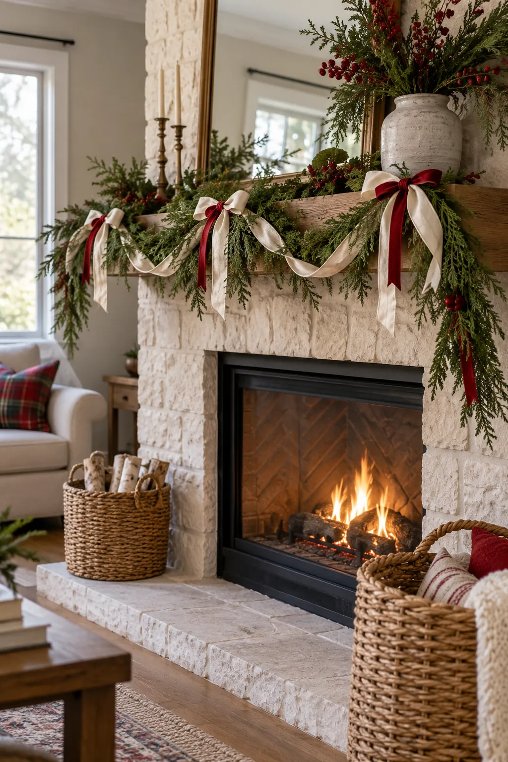 Ribbon Wrapped Cedar Rope Christmas mantel decorating idea