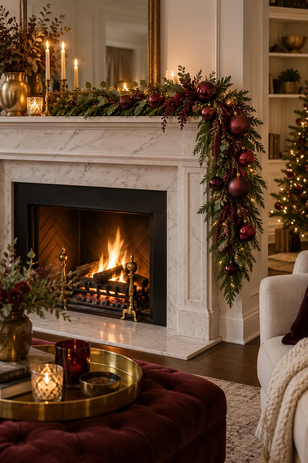 Burgundy Ornament Cascade Christmas mantel decorating idea