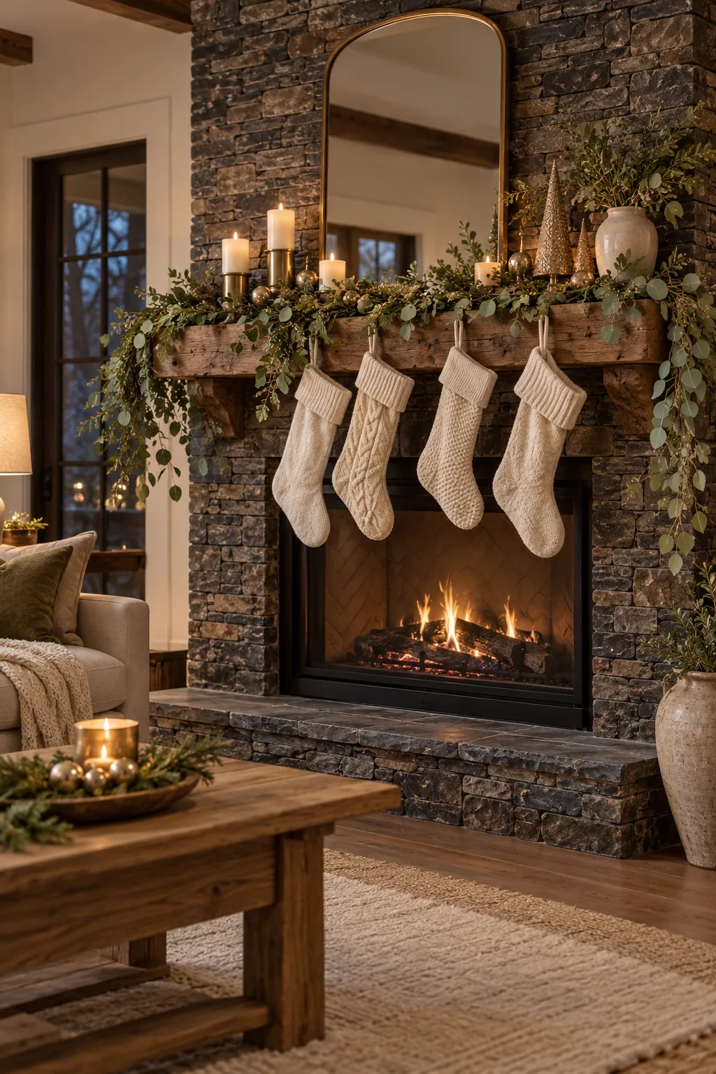 Dark Stone Fireplace Contrast Christmas mantel decorating idea