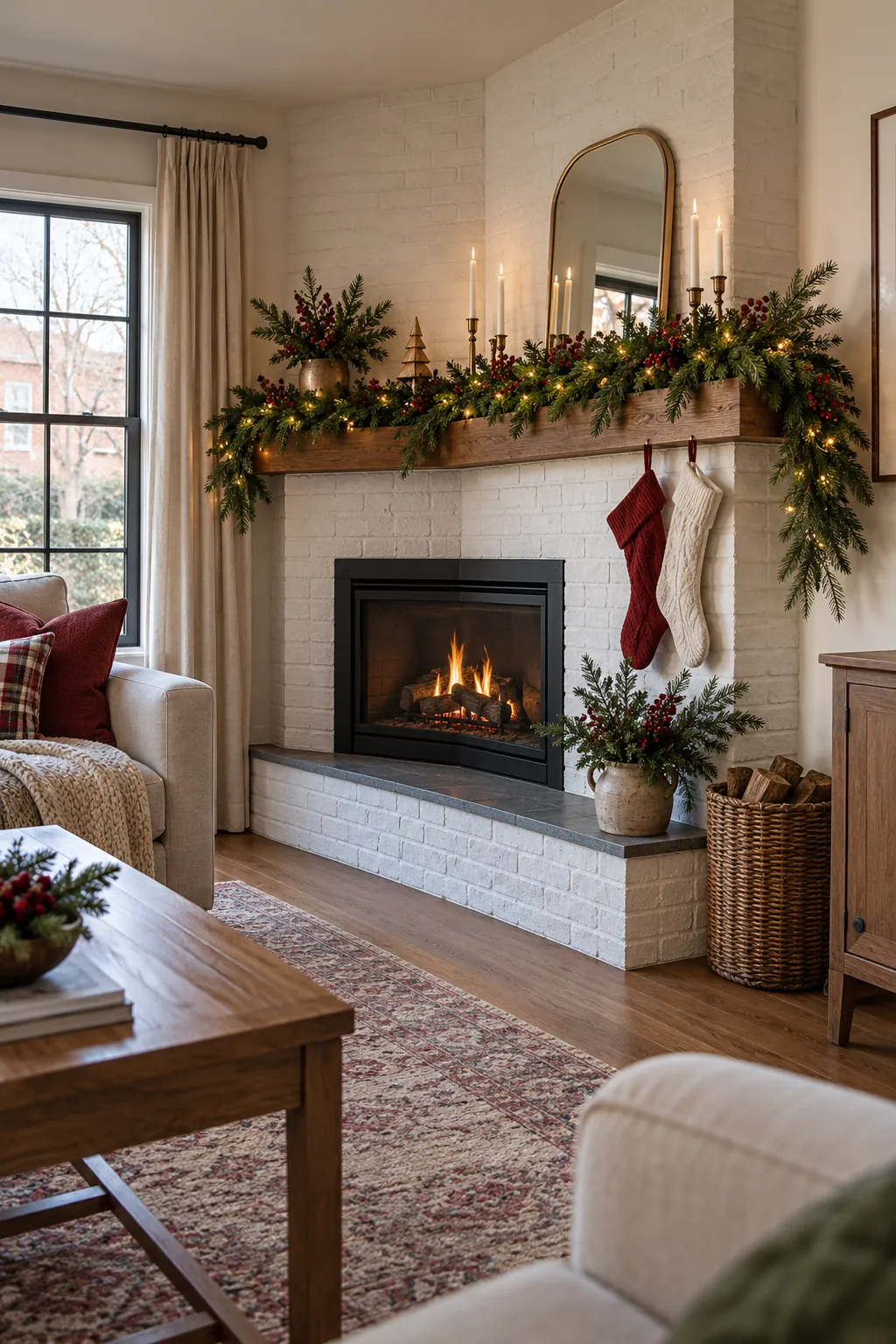 Corner Fireplace Garland Christmas mantel decorating idea