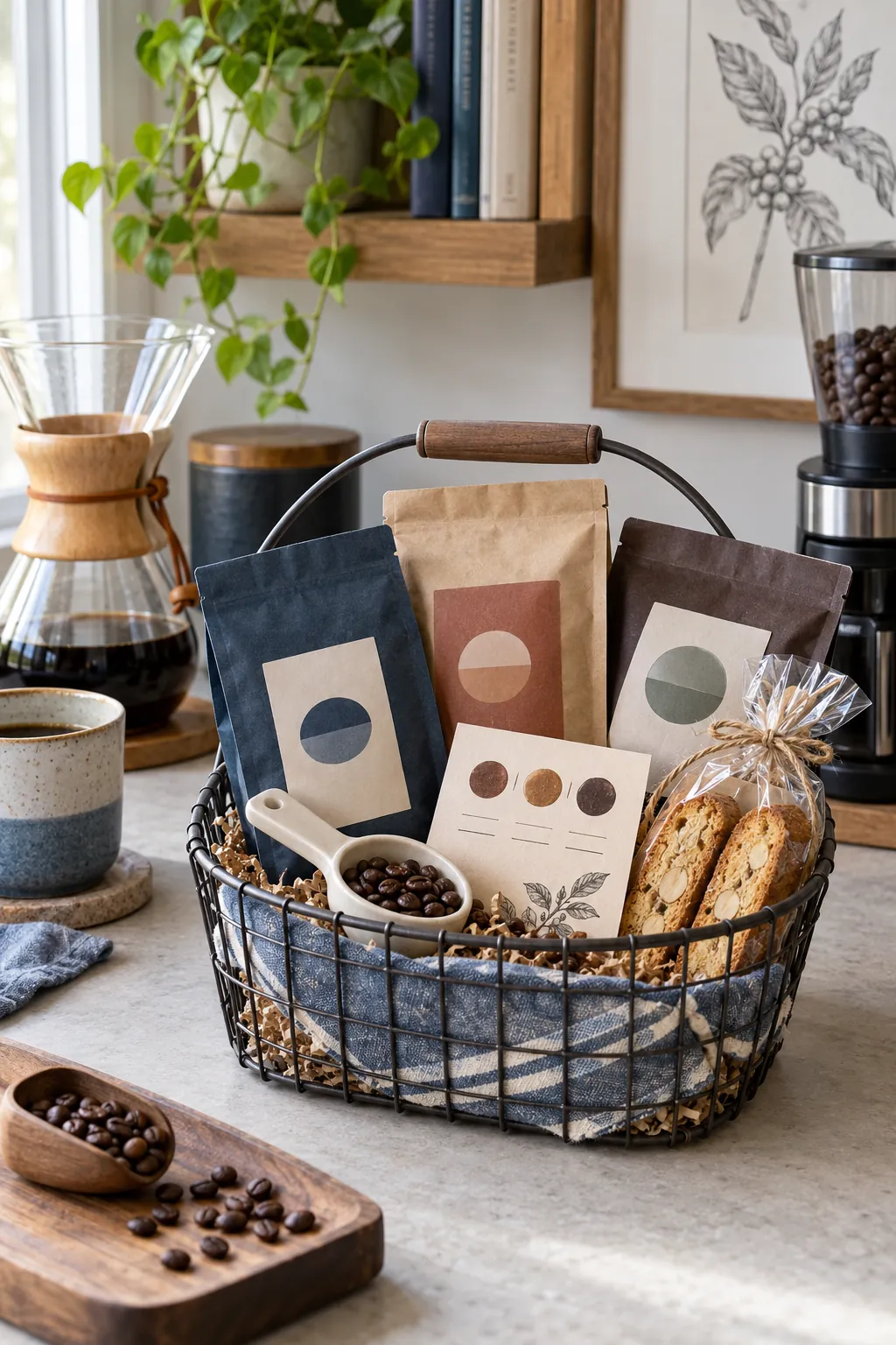 Small coffee tasting basket arranged with three sample coffee bags, a ceramic scoop, biscotti, and a tasting note card