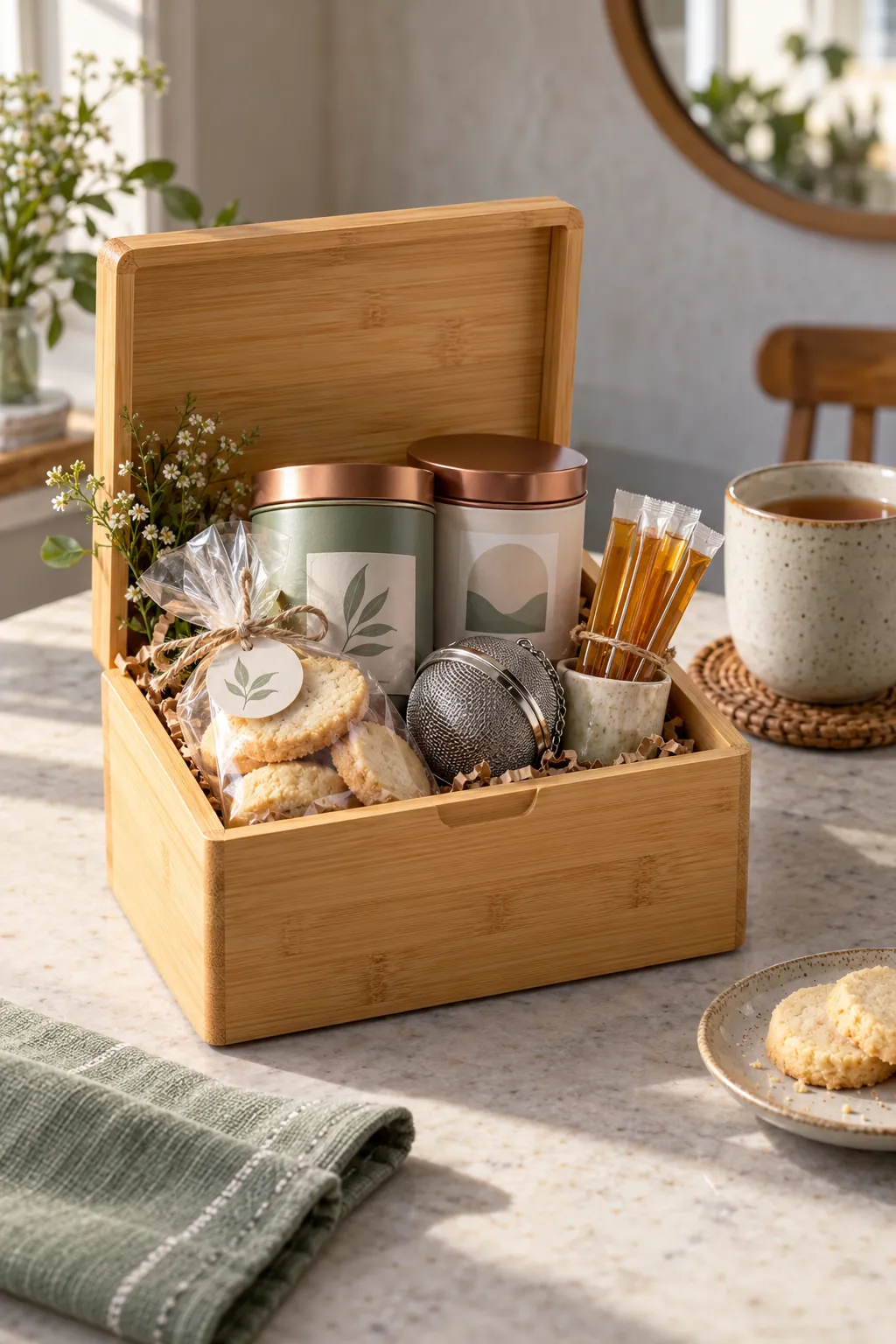 Small tea break basket arranged with two loose leaf tea tins, a stainless steel infuser, honey sticks, and shortbread
