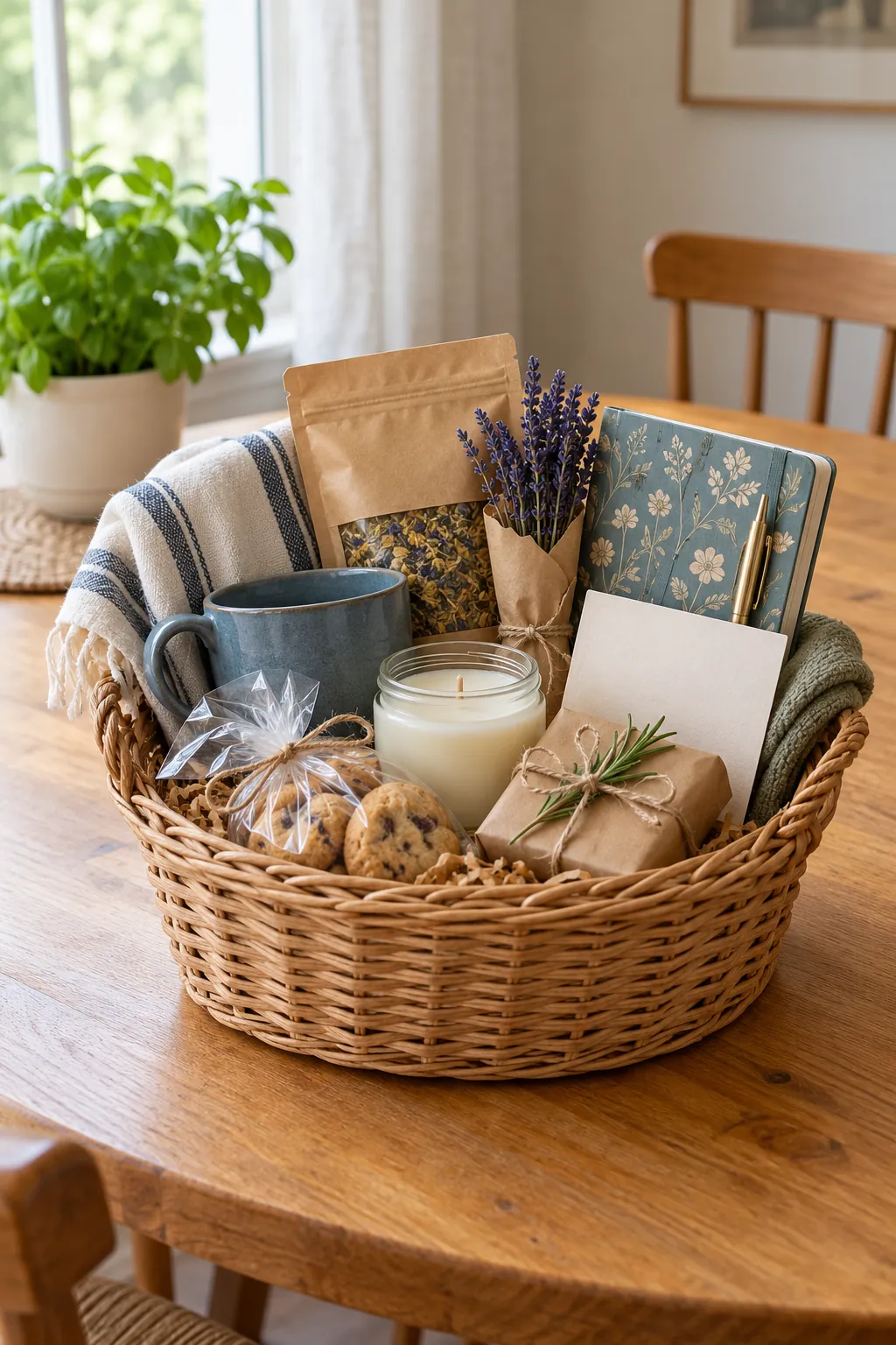 Compact gift basket filled with thoughtful small gifts on a bright dining table