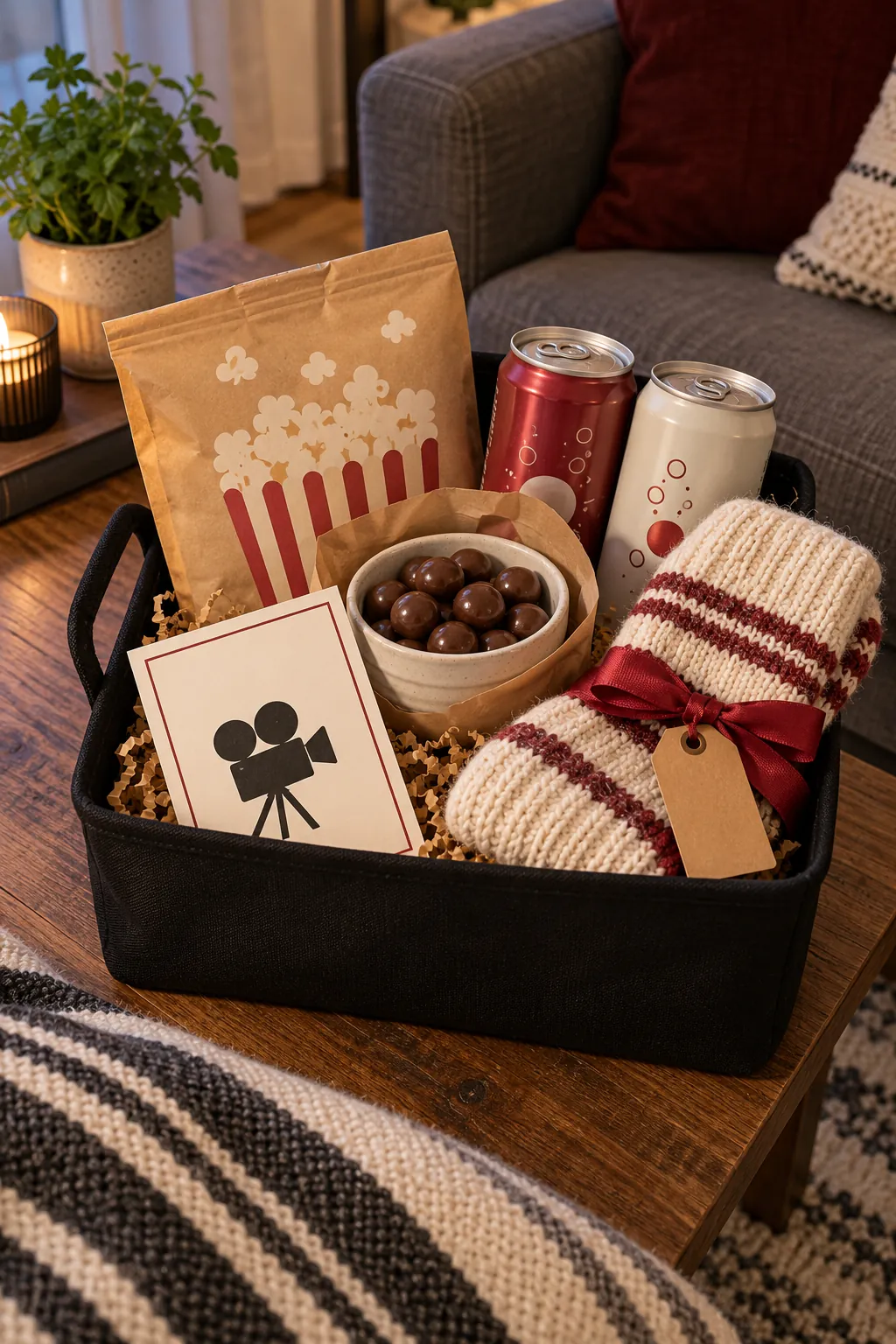 Small movie night basket arranged with microwave popcorn, chocolate bites, sparkling soda, cozy socks, and a film pick card