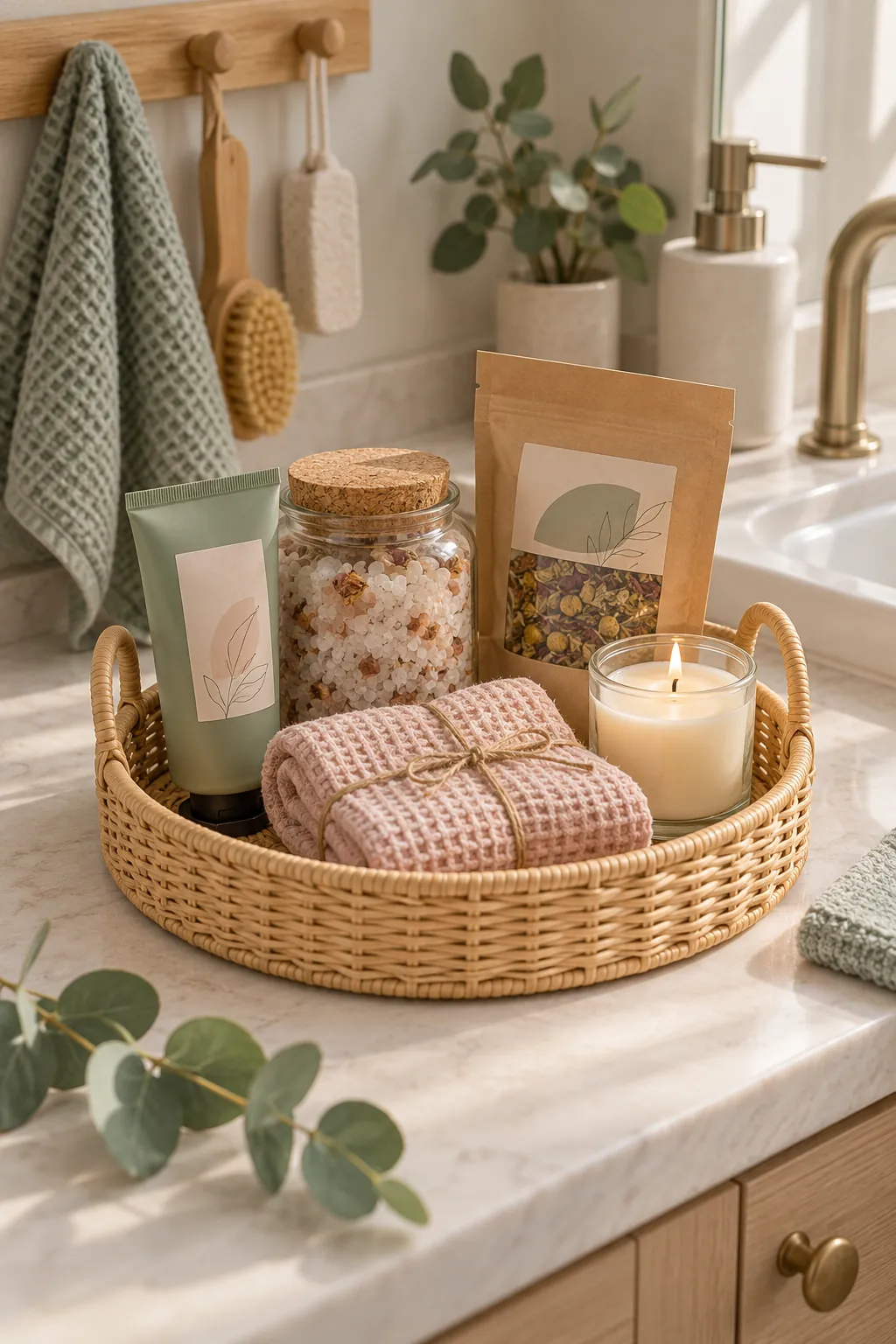 Small mini spa basket arranged with hand cream, bath salts, a face cloth, herbal tea, and a small candle