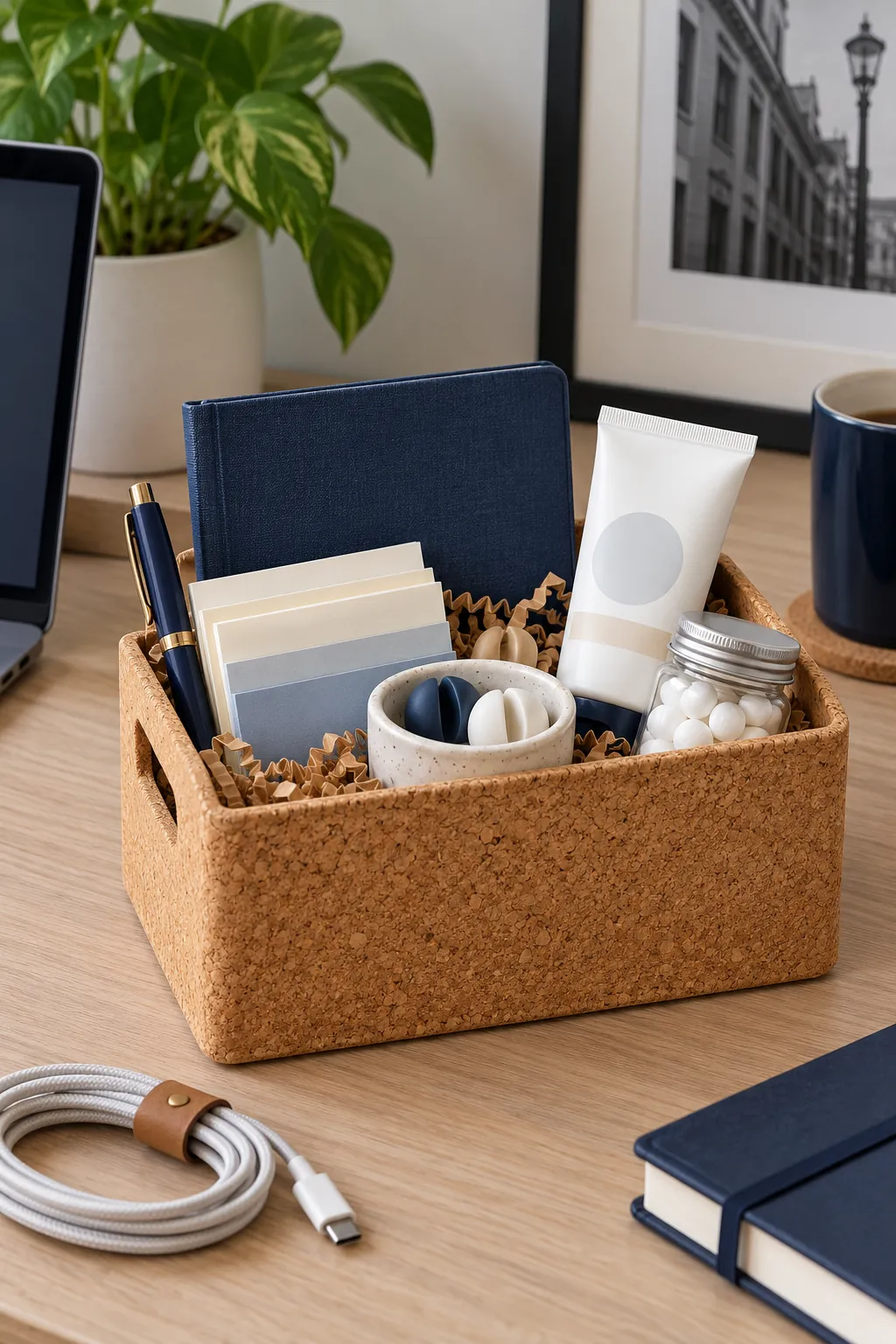 Small desk refresh basket arranged with a quality pen, sticky notes, cable clips, hand lotion, and mint candies
