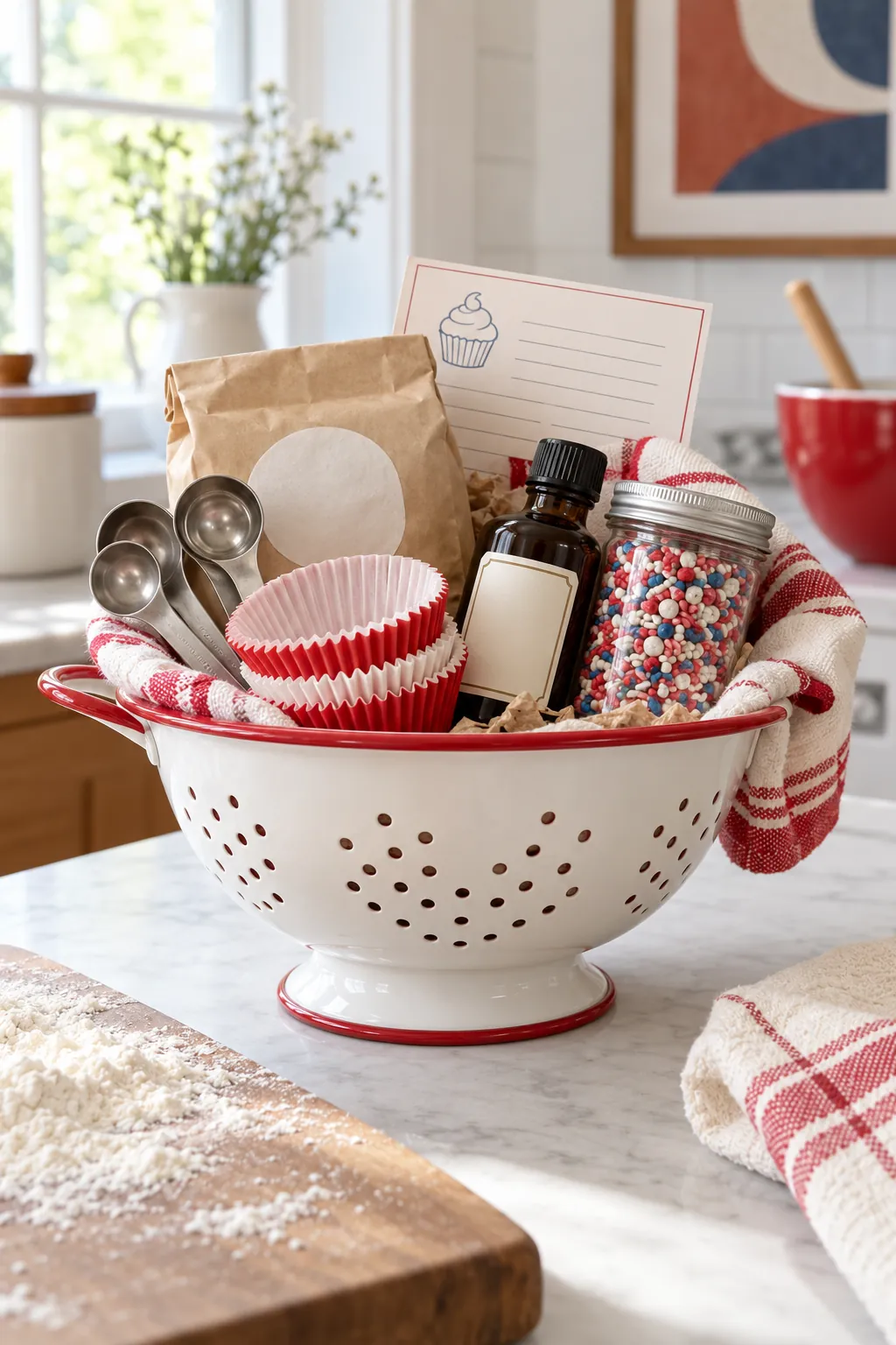 Small baking starter basket arranged with measuring spoons, cupcake liners, vanilla, sprinkles, and a handwritten recipe