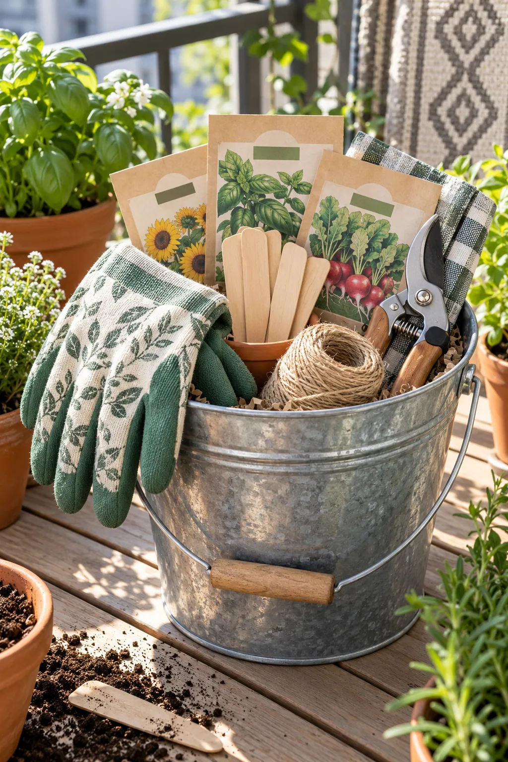 Small garden helper basket arranged with garden gloves, seed packets, plant labels, twine, and pruning snips