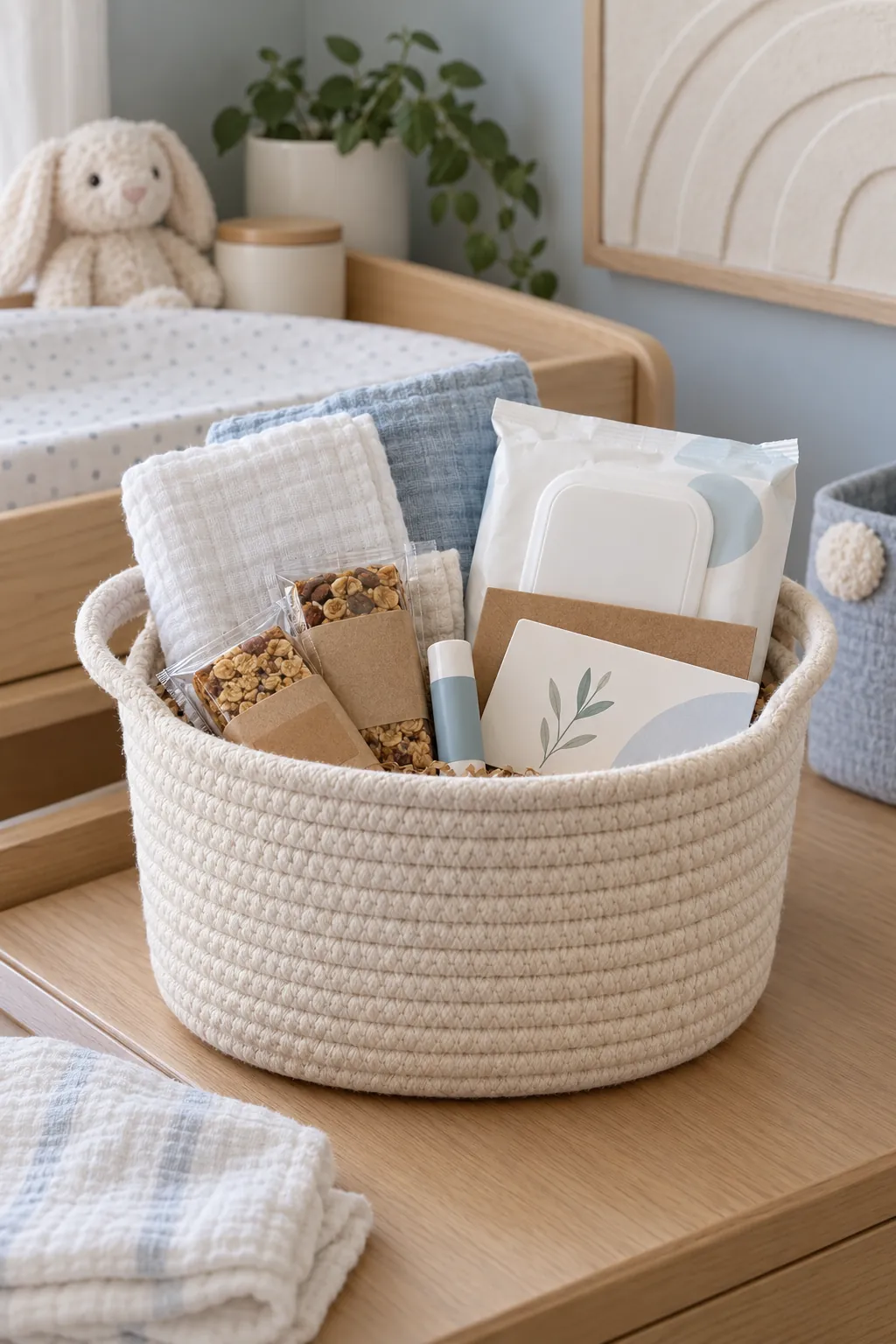 Small new parent basket arranged with muslin cloths, fragrance free wipes, snack bars, lip balm, and a meal voucher