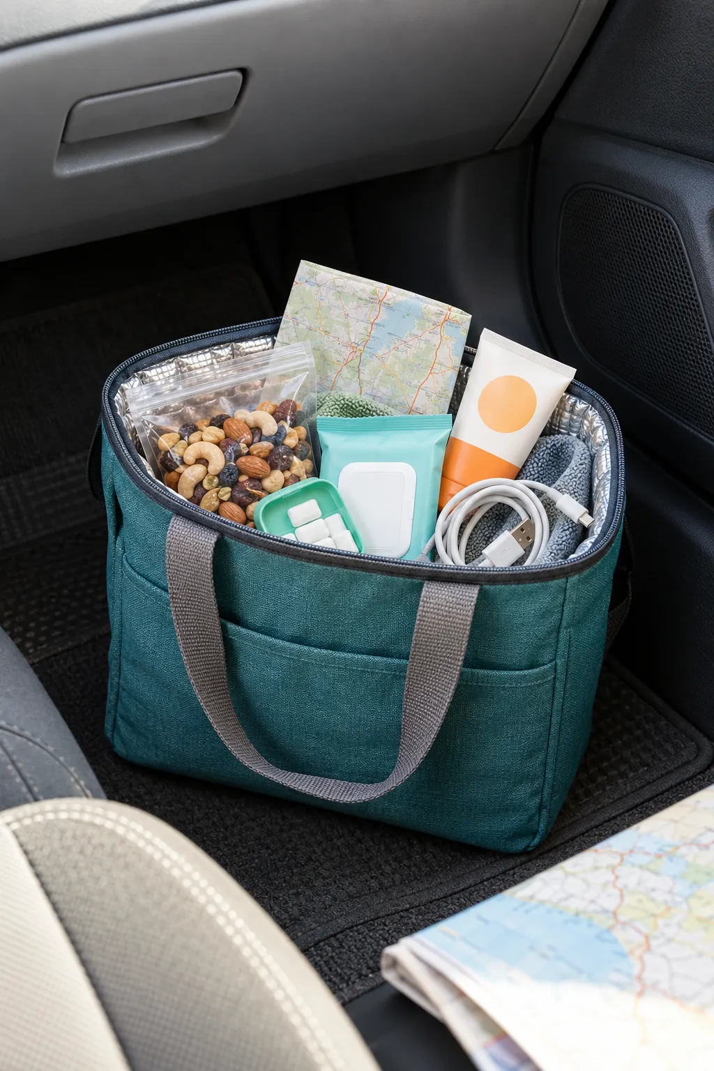 Small road trip basket arranged with trail mix, gum, wet wipes, a charging cable, sunscreen, and a paper map