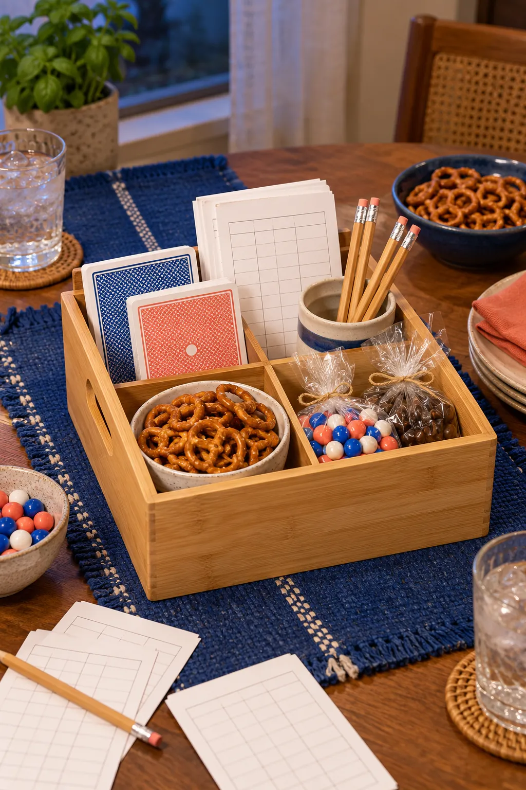 Small game night basket arranged with playing cards, score pads, pencils, pretzels, and small candy bags