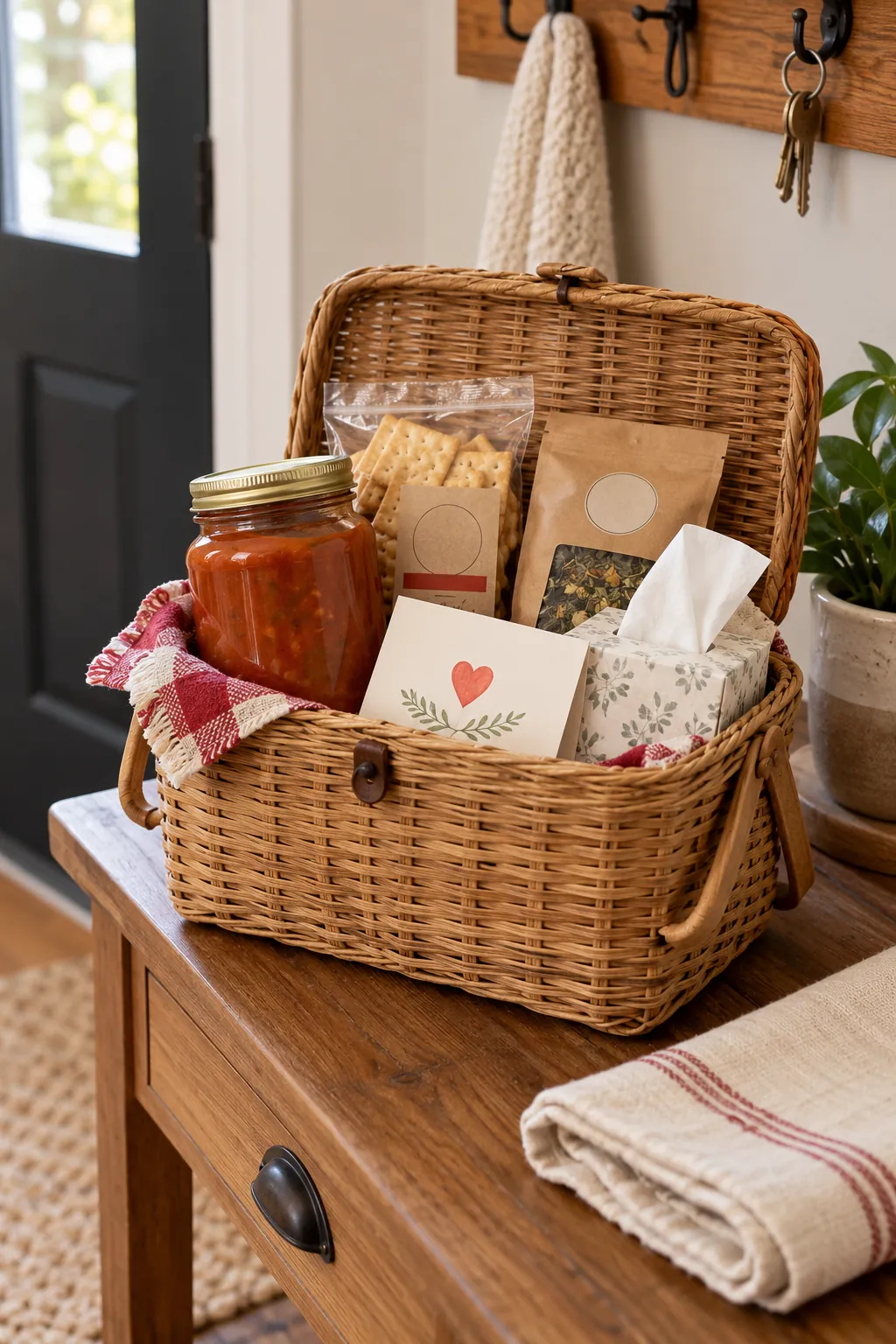 Small soup comfort basket arranged with a jar of soup, crackers, herbal tea, tissues, and a caring note