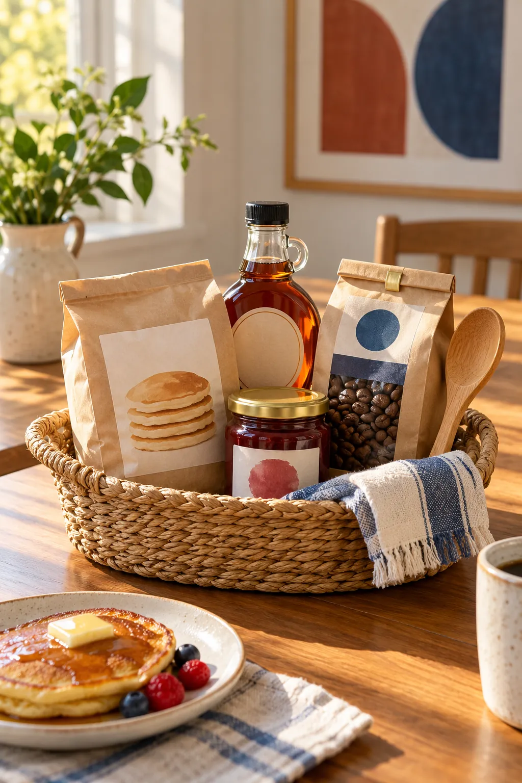 Small breakfast basket arranged with pancake mix, maple syrup, jam, coffee, and a wooden spoon