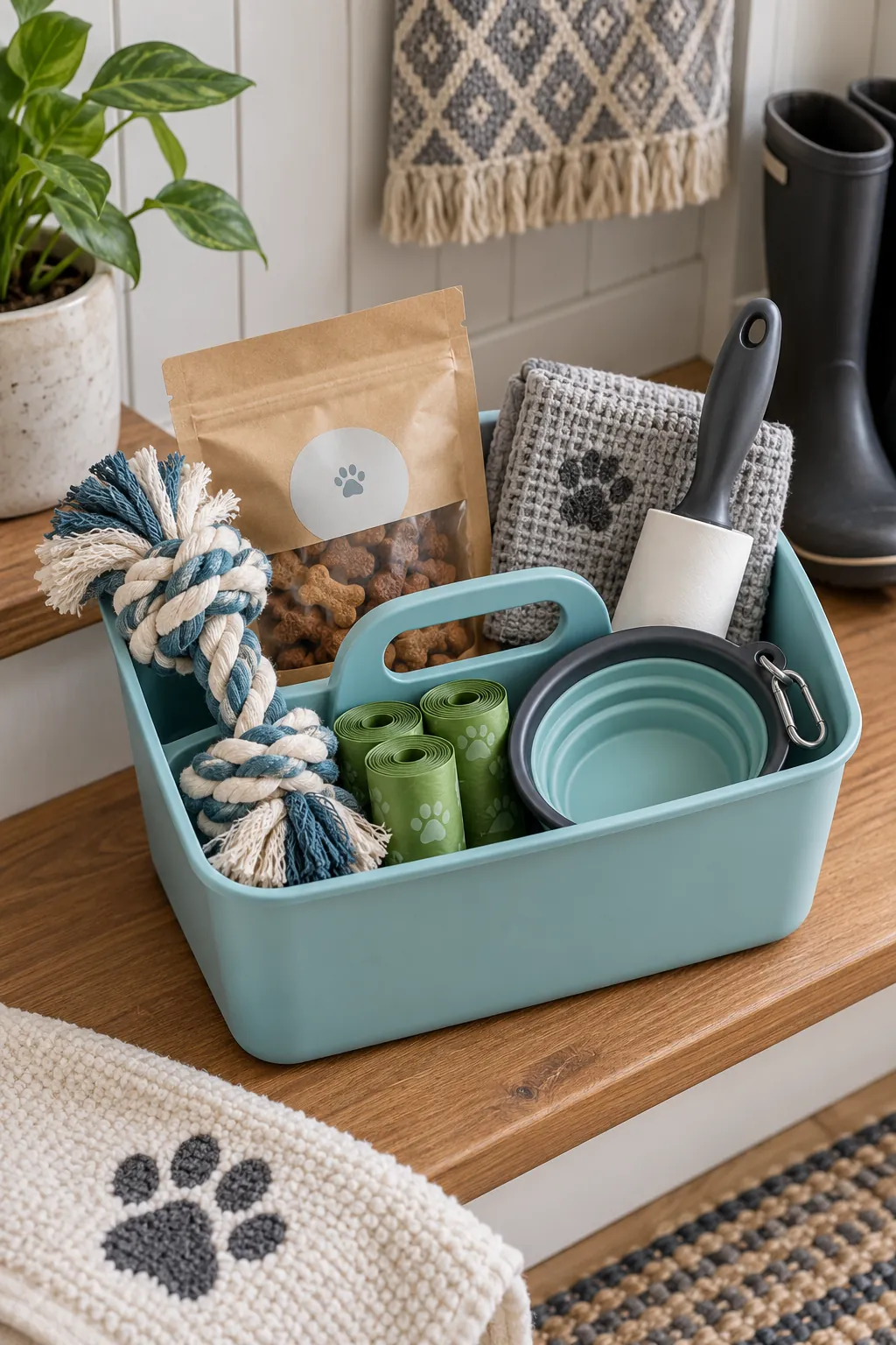 Small pet welcome basket arranged with a rope toy, waste bag rolls, training treats, a collapsible bowl, and a lint roller