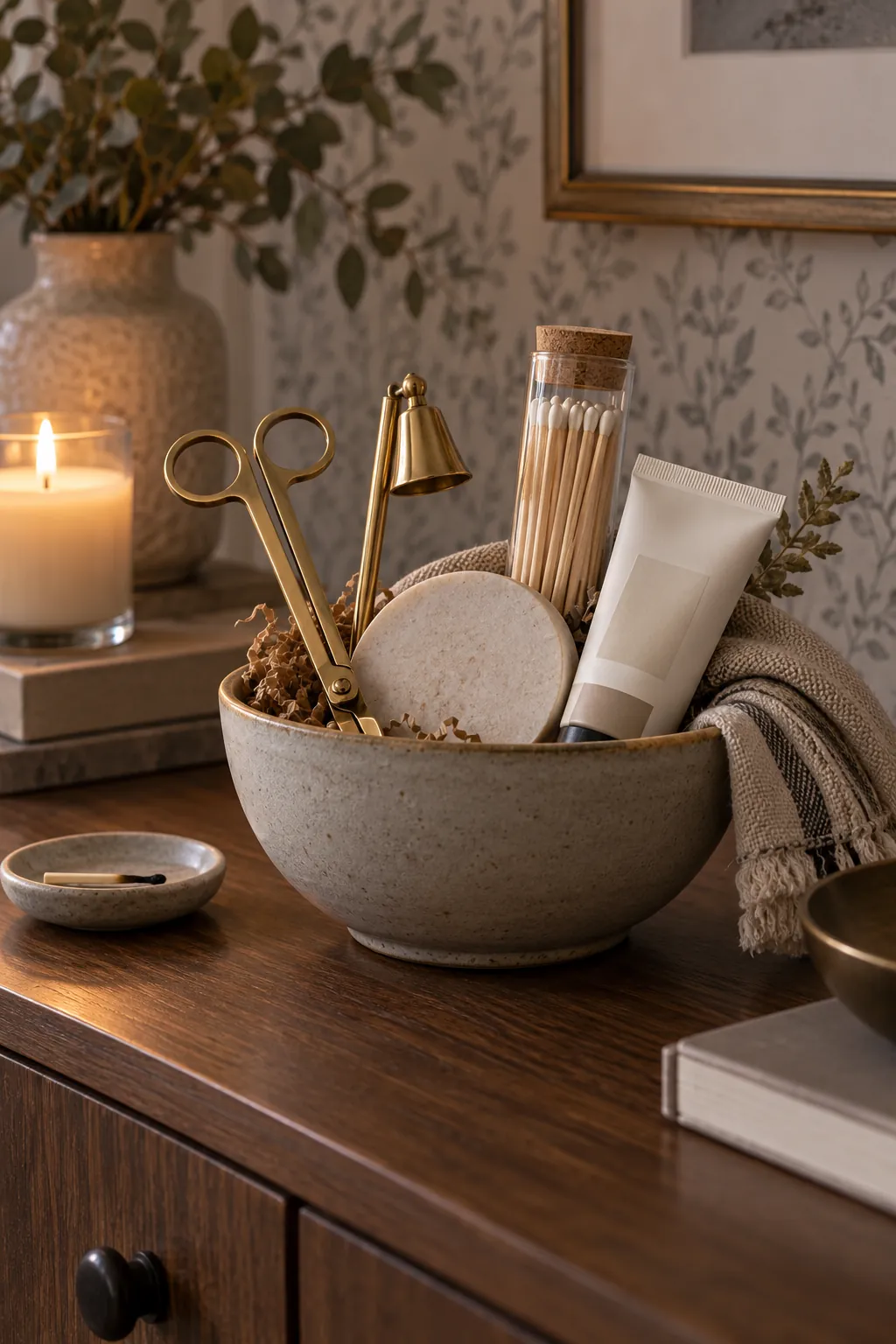 Small candle care basket arranged with a wick trimmer, snuffer, long matches, coaster, and unscented hand cream