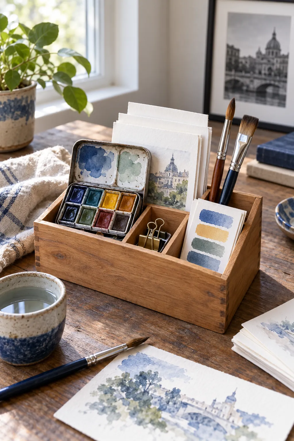 Small artist pocket basket arranged with watercolor pans, two brushes, postcard paper, clips, and a color swatch card