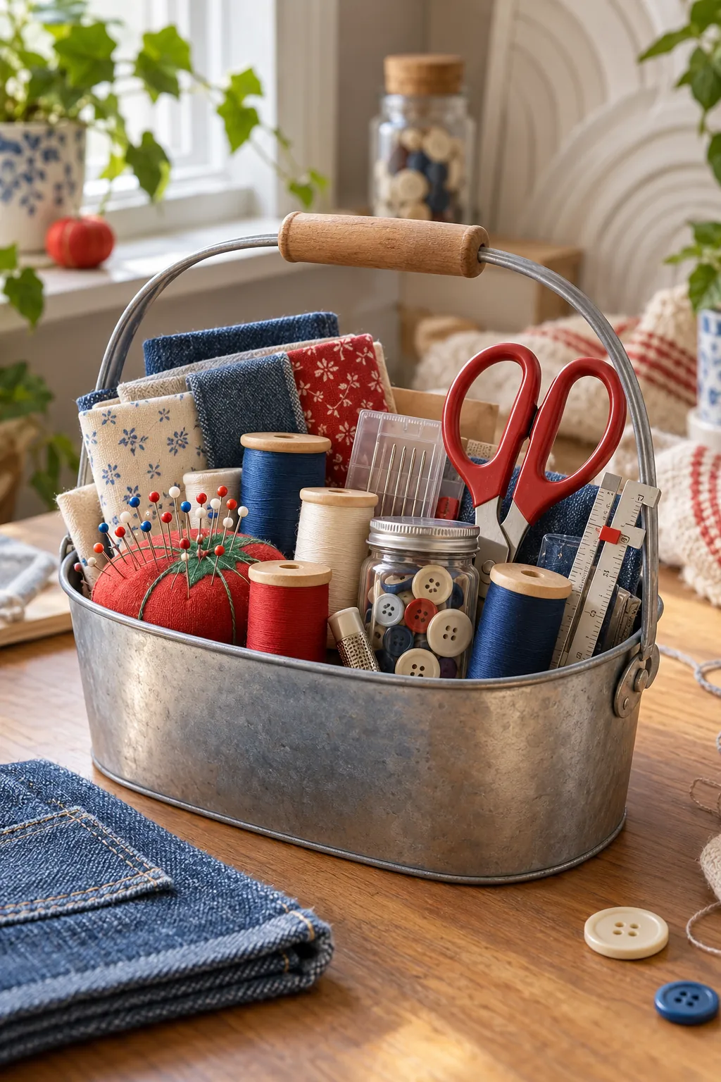 Small sewing fix basket arranged with thread spools, needles, fabric scissors, pins, buttons, and a seam gauge