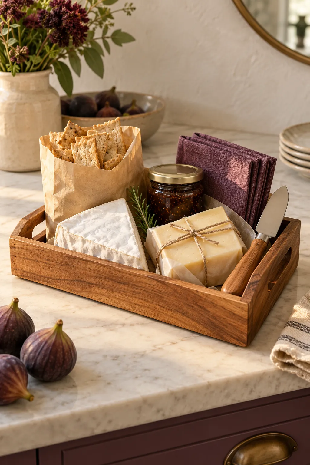 Small cheese snack basket arranged with two wrapped cheeses, crackers, fig spread, a cheese knife, and napkins