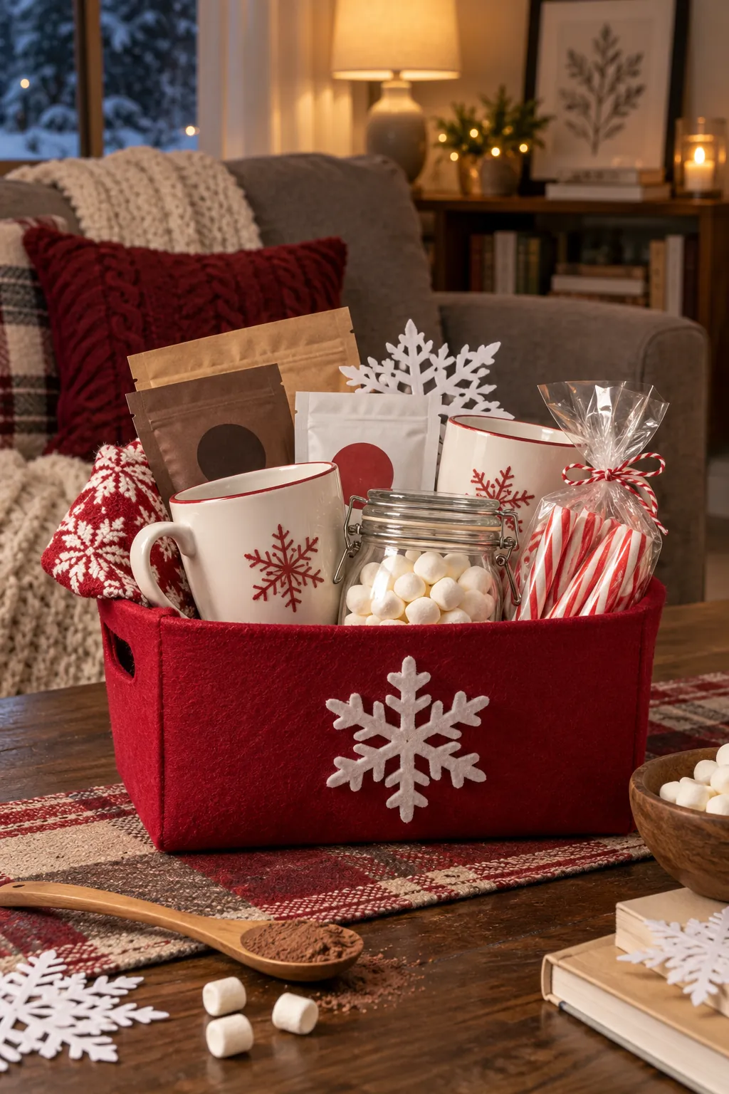 Small hot cocoa basket arranged with cocoa packets, marshmallows, peppermint sticks, mugs, and paper snowflakes