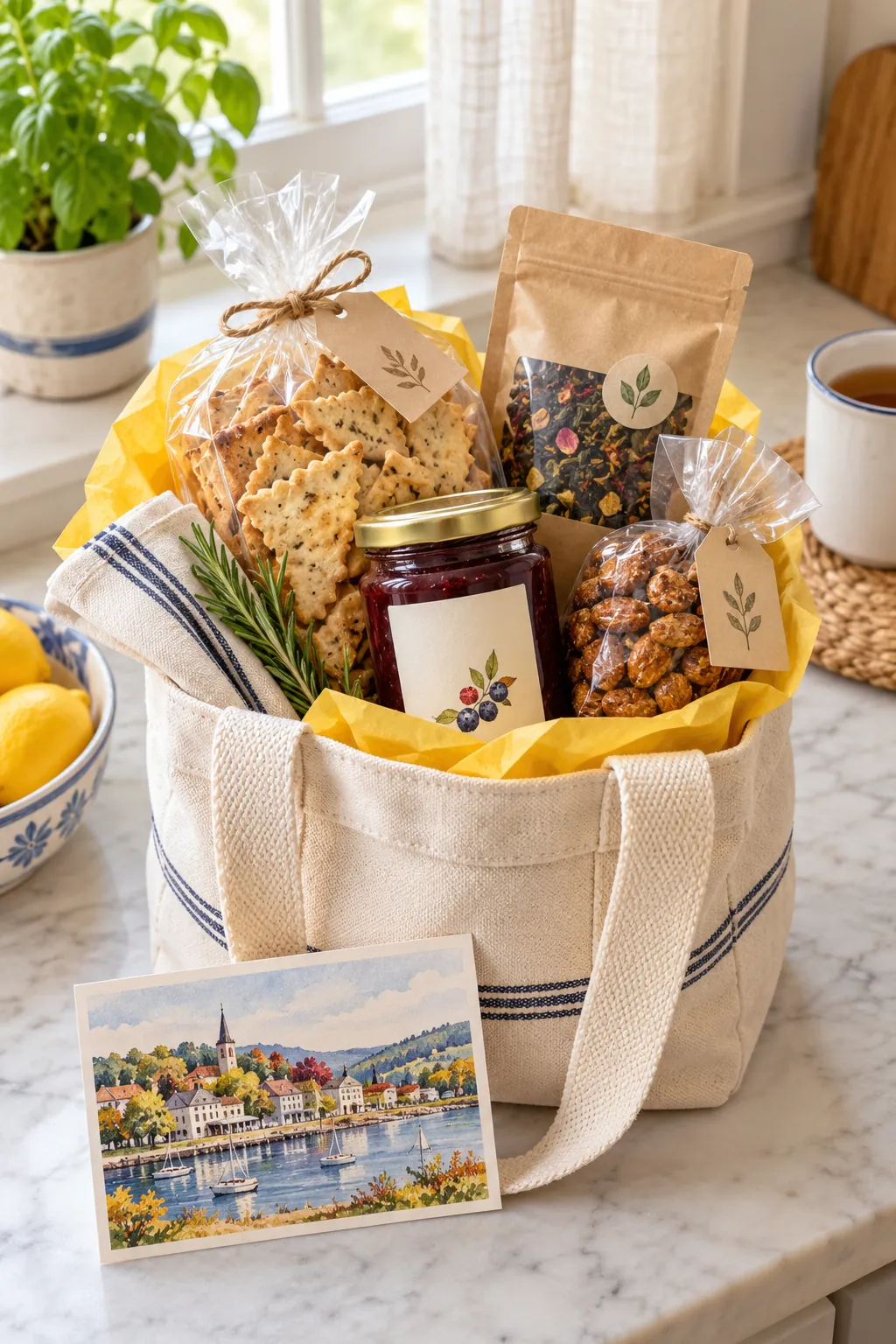 Small local treat basket arranged with regional crackers, jam, roasted nuts, tea, and a small town postcard