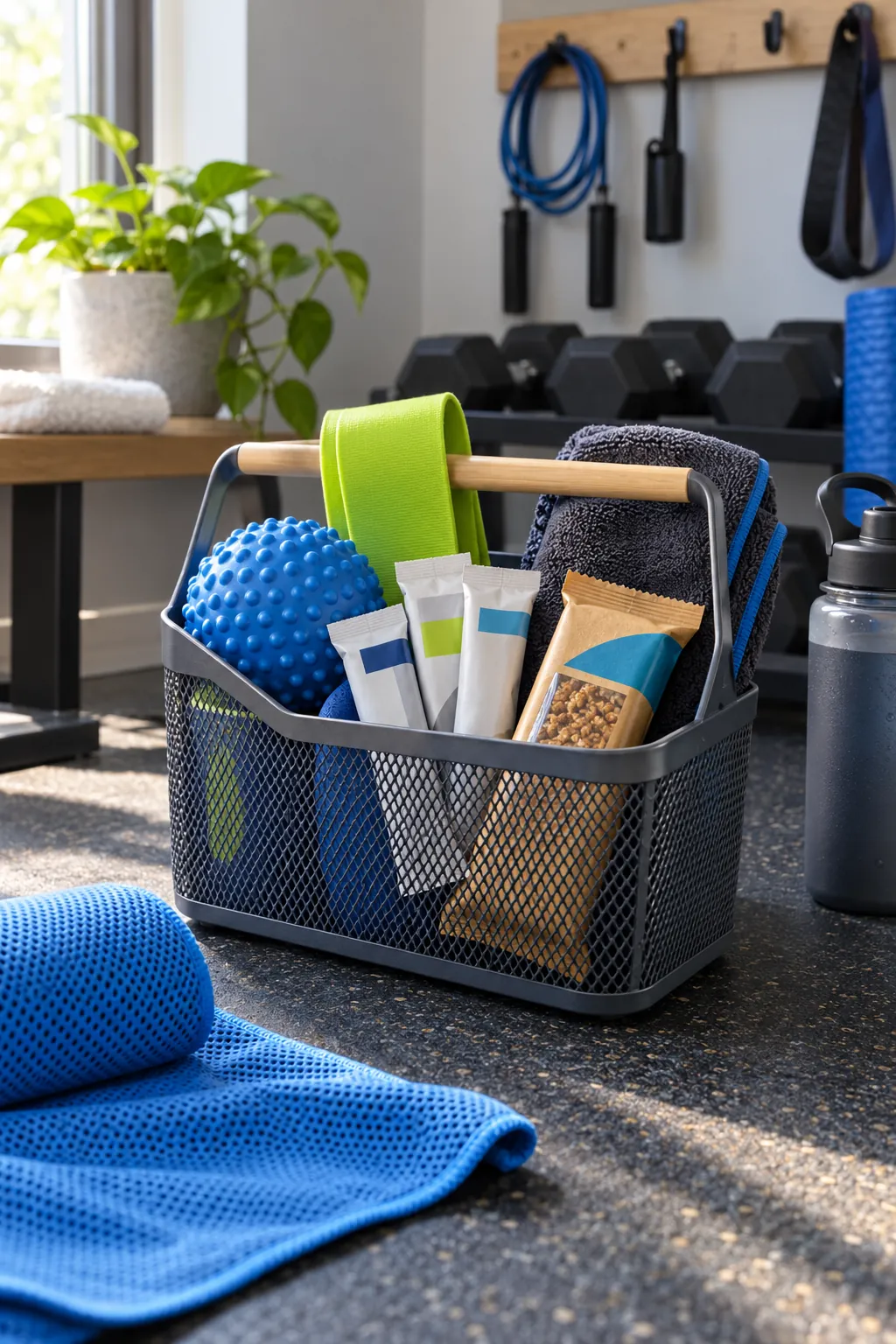 Small fitness recovery basket arranged with a massage ball, resistance loop, electrolyte packets, cooling towel, and snack bar
