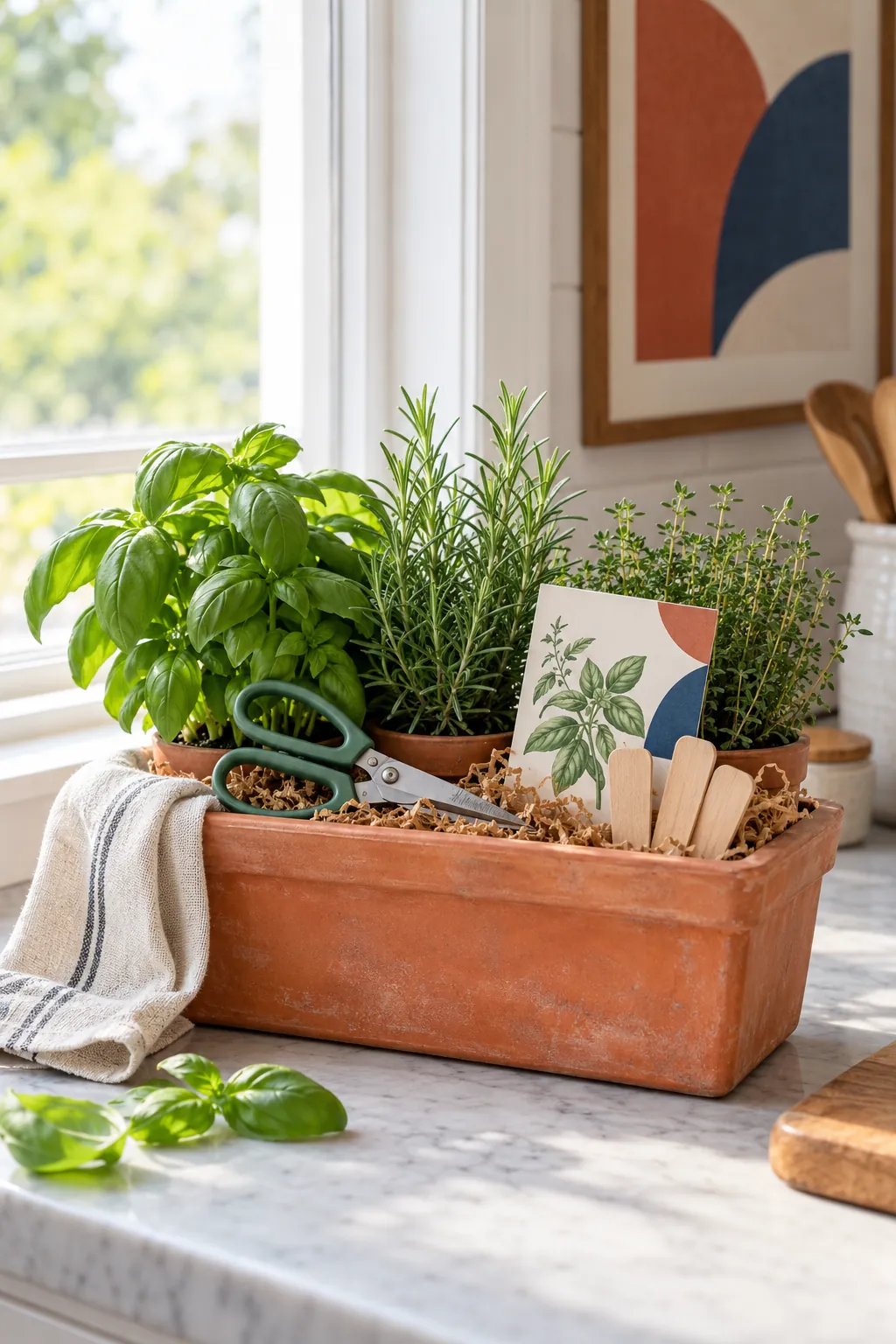Small kitchen herb basket arranged with three potted herbs, herb scissors, plant markers, and a recipe card
