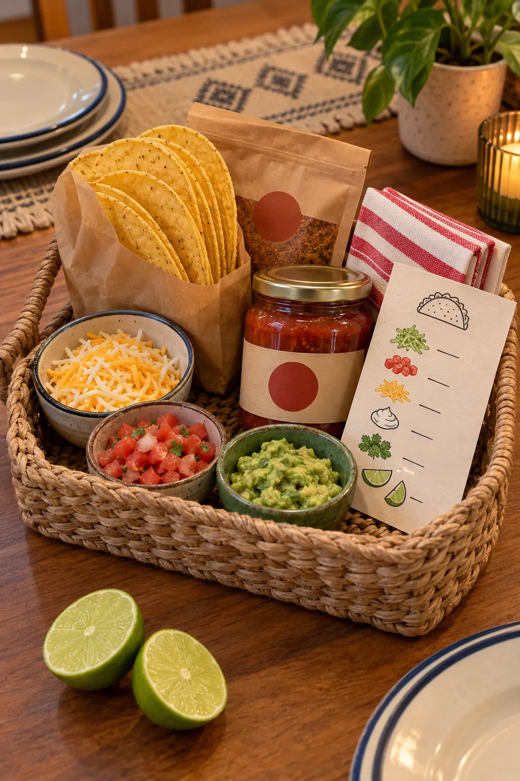 Small tiny taco night basket arranged with taco shells, seasoning, salsa, napkins, and a handwritten topping guide