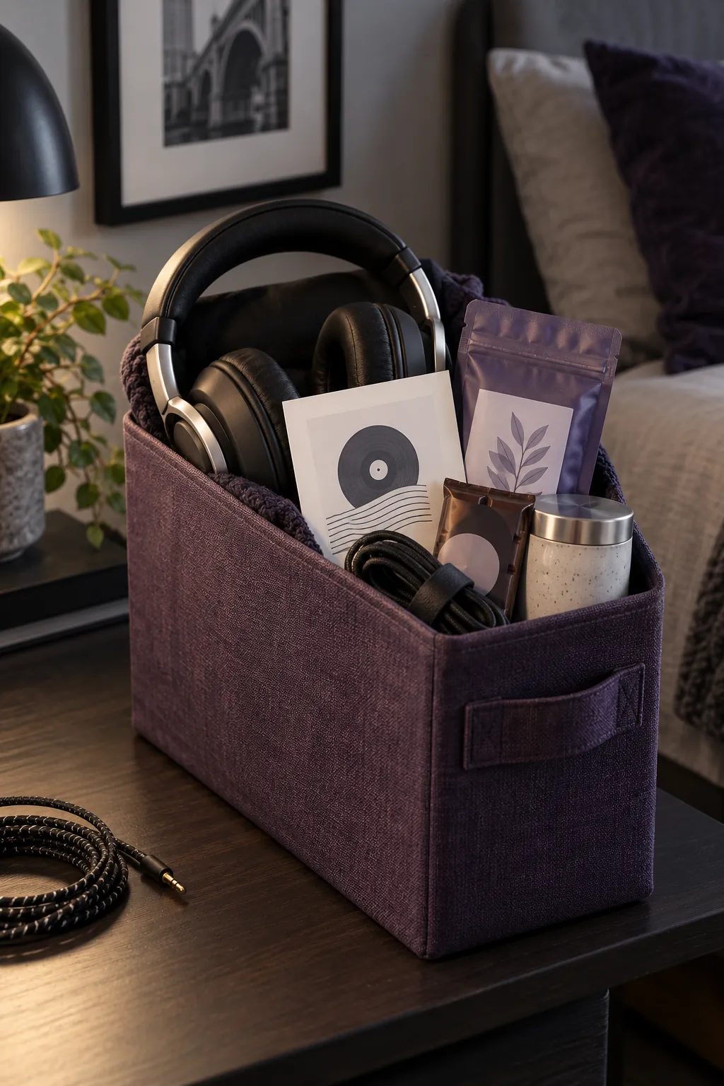 Small music break basket arranged with comfortable headphones, a playlist card, tea, chocolate, and a cable tie