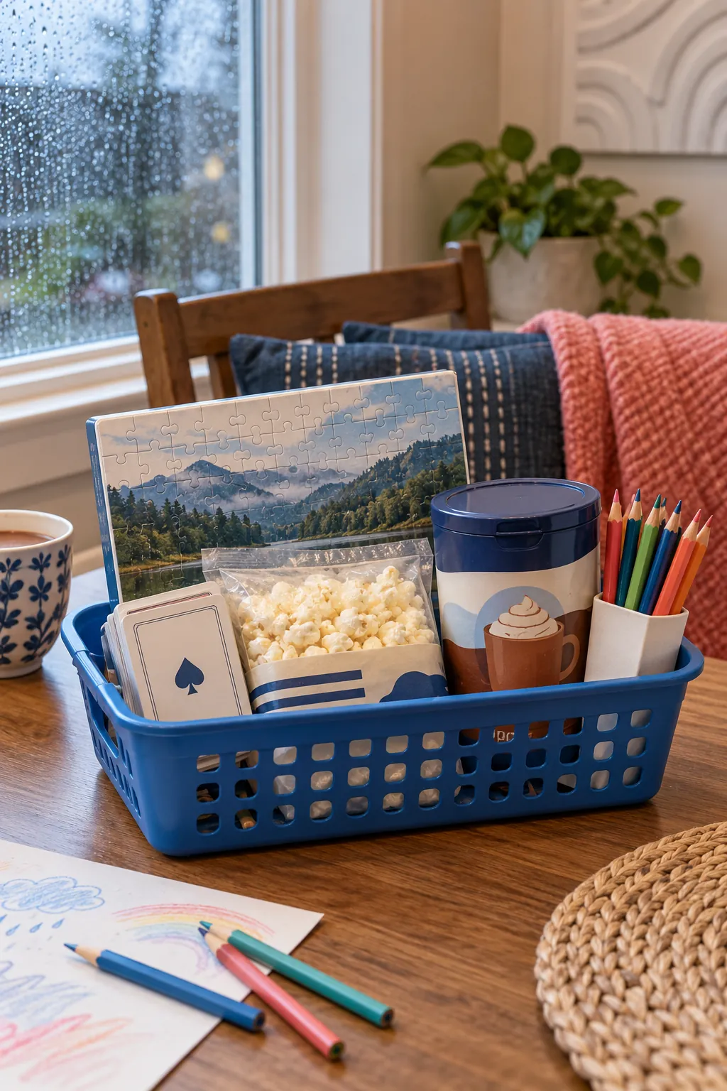 Small rainy day basket arranged with a puzzle, card game, microwave popcorn, cocoa, and colored pencils
