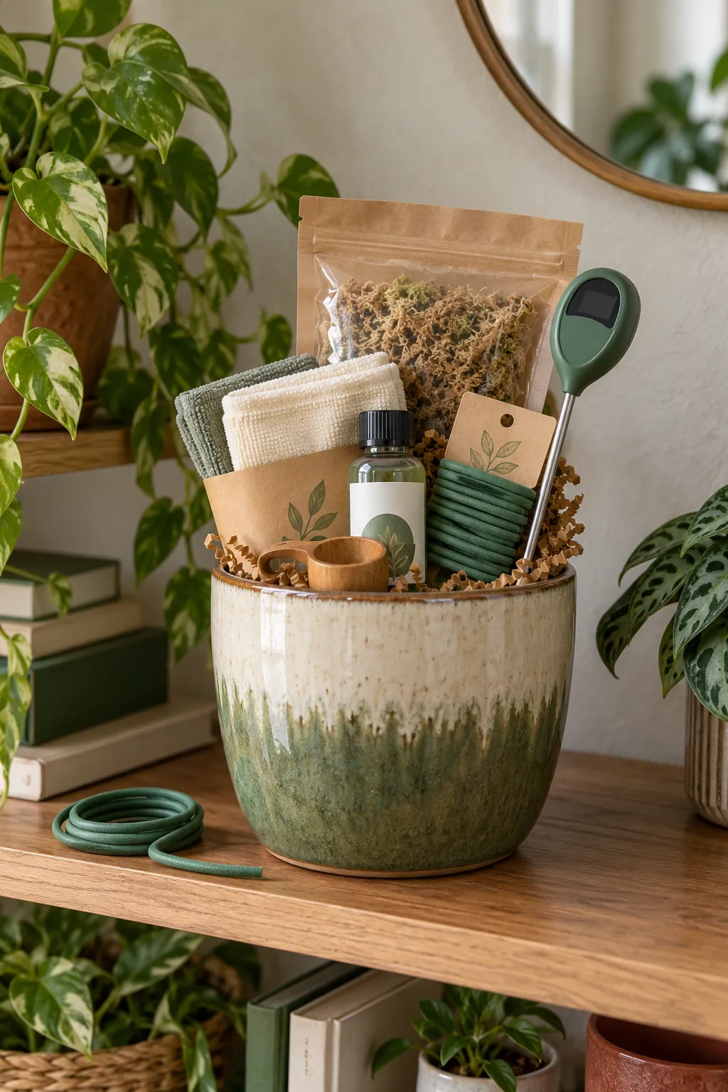 Small plant parent basket arranged with leaf cloths, fertilizer measure, plant ties, moss, and a moisture meter