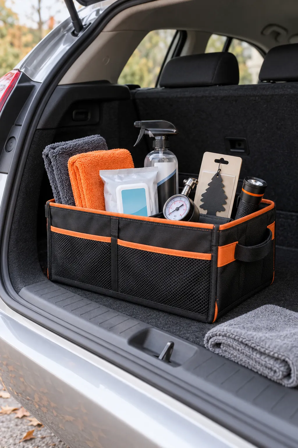 Small car care basket arranged with microfiber cloths, glass wipes, tire gauge, air freshener, and a flashlight