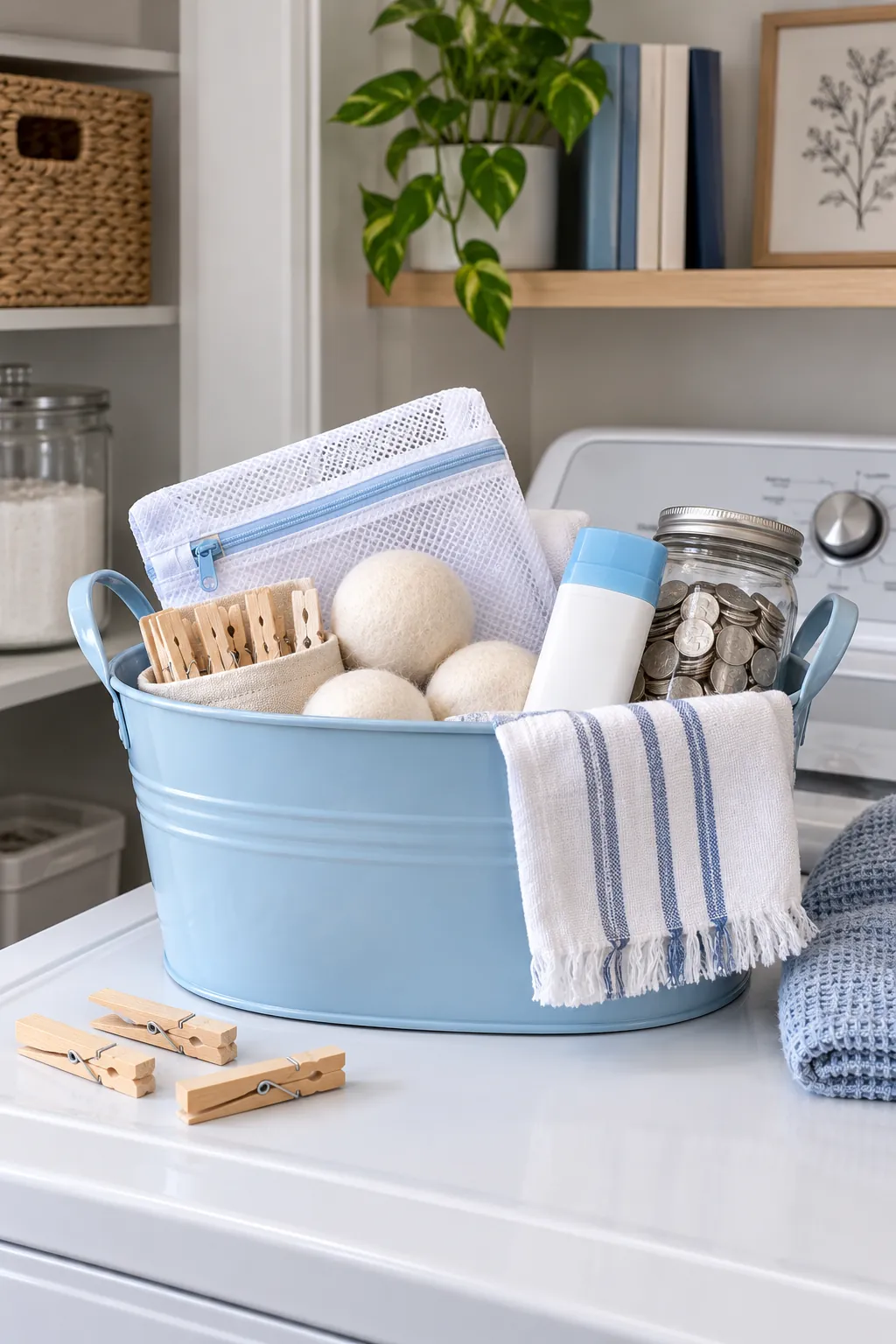 Small laundry day basket arranged with stain stick, mesh wash bag, wool dryer balls, clothespins, and quarters