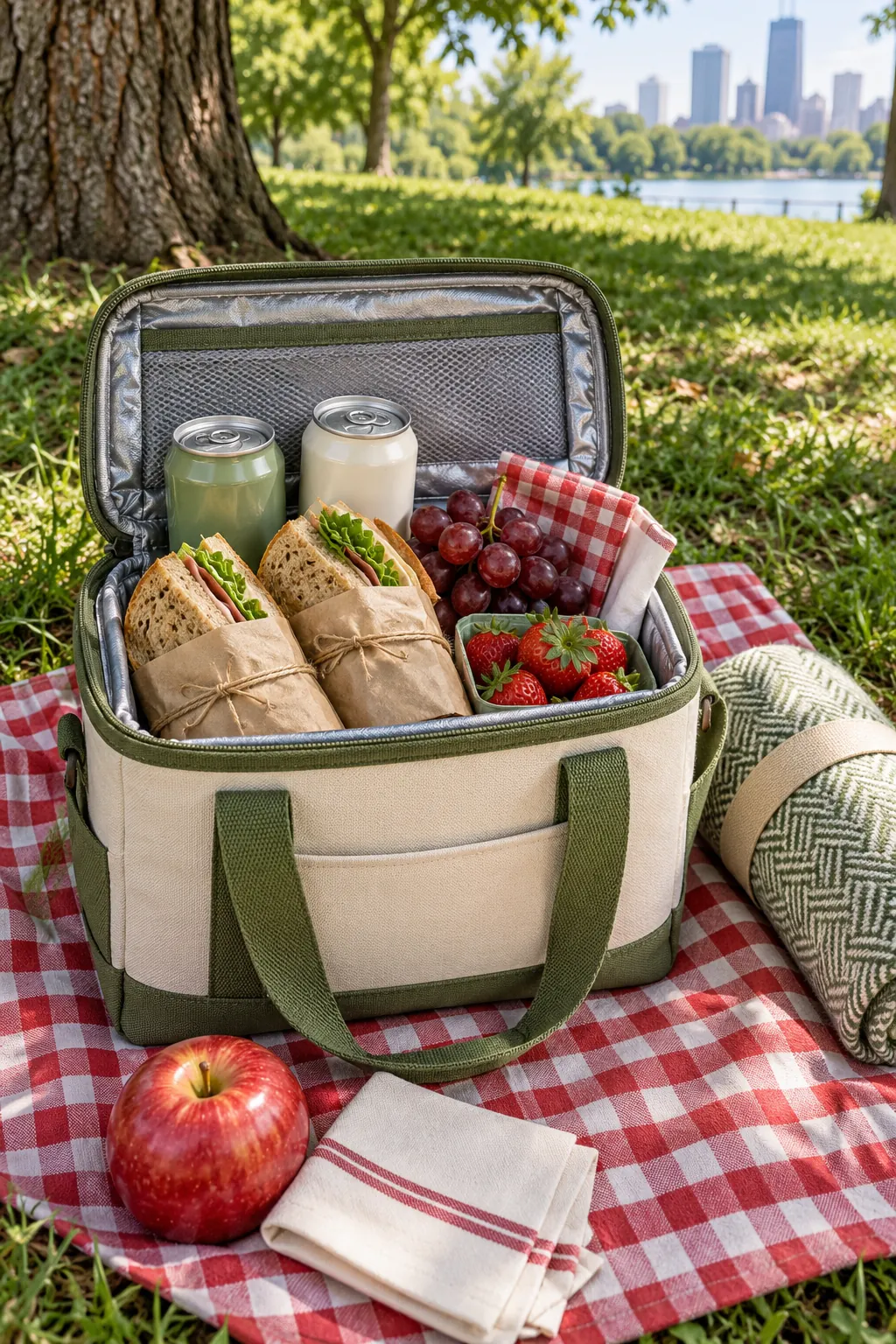 Small picnic pair basket arranged with two canned drinks, sandwiches, fruit, napkins, and a compact blanket