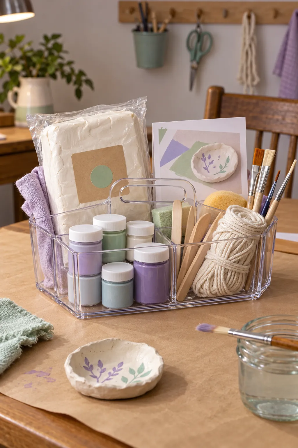 Small craft night basket arranged with air dry clay, paint pots, brushes, cord, and a project card