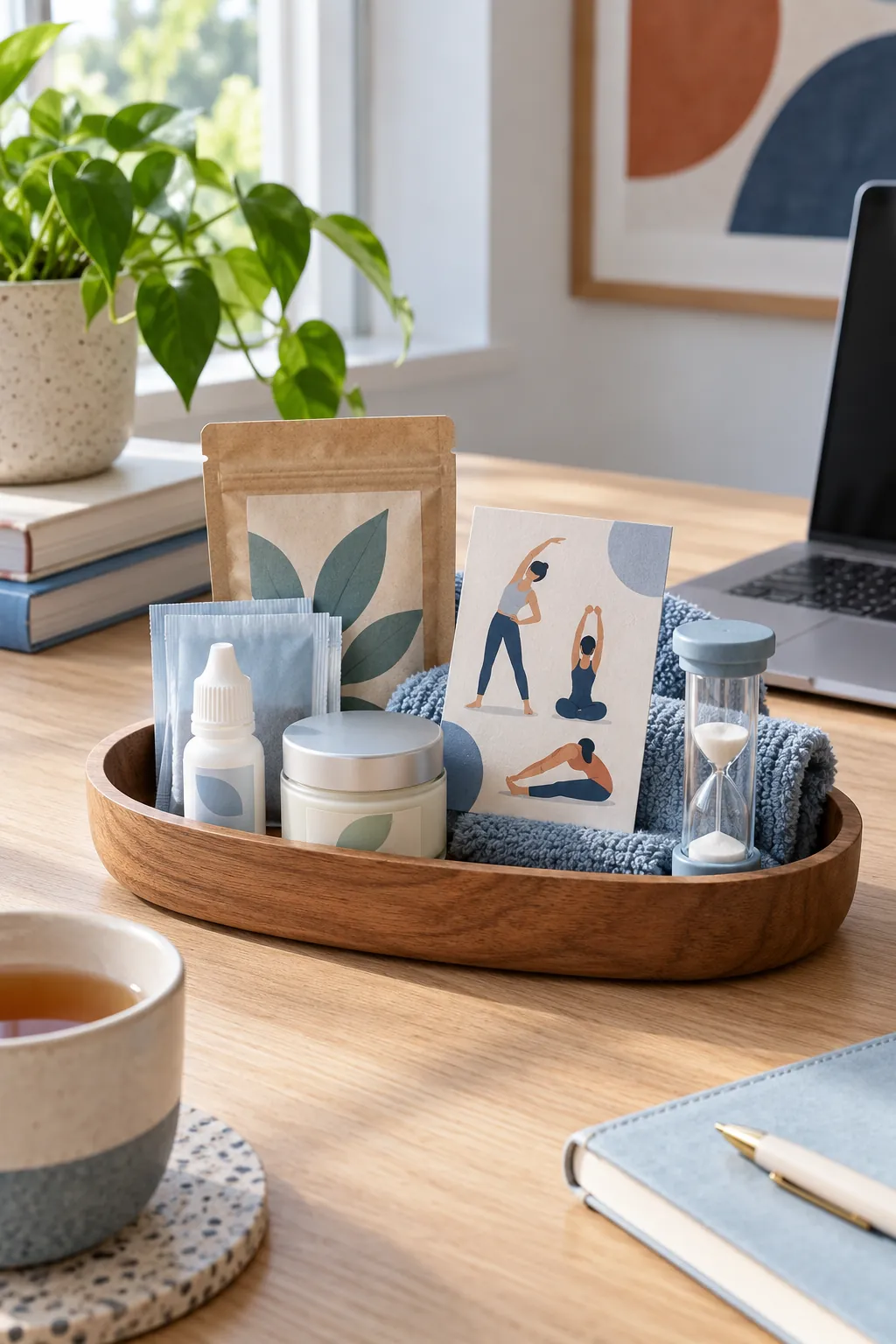 Small self care desk basket arranged with eye drops, hand balm, tea, a stretch card, and a quiet timer