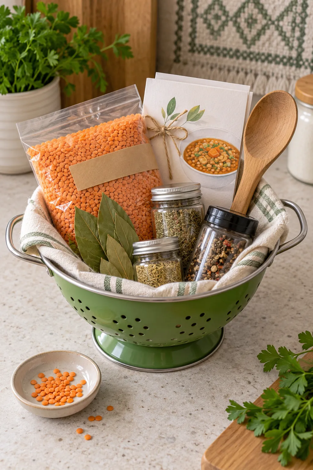Small soup making basket arranged with lentils, bay leaves, spice jars, a wooden spoon, and a simple recipe