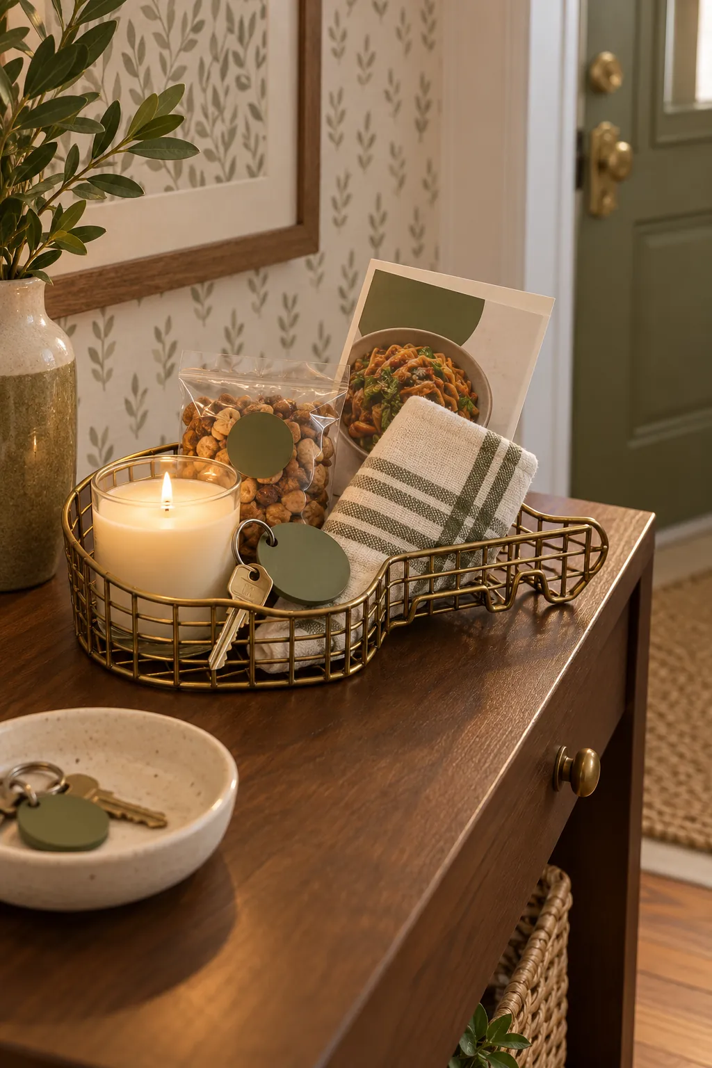 Small welcome home basket arranged with a spare key tag, candle, snack, dish towel, and local takeout menu