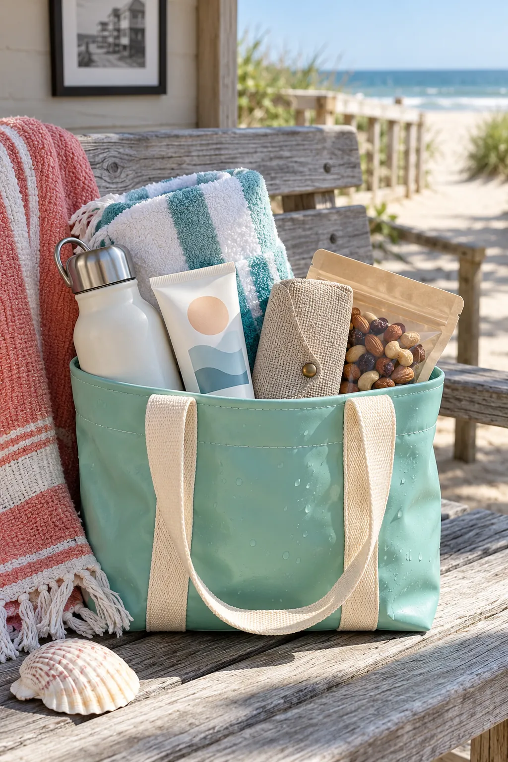 Small beach day basket arranged with mineral sunscreen, sunglasses case, towel, water bottle, and snack pouch