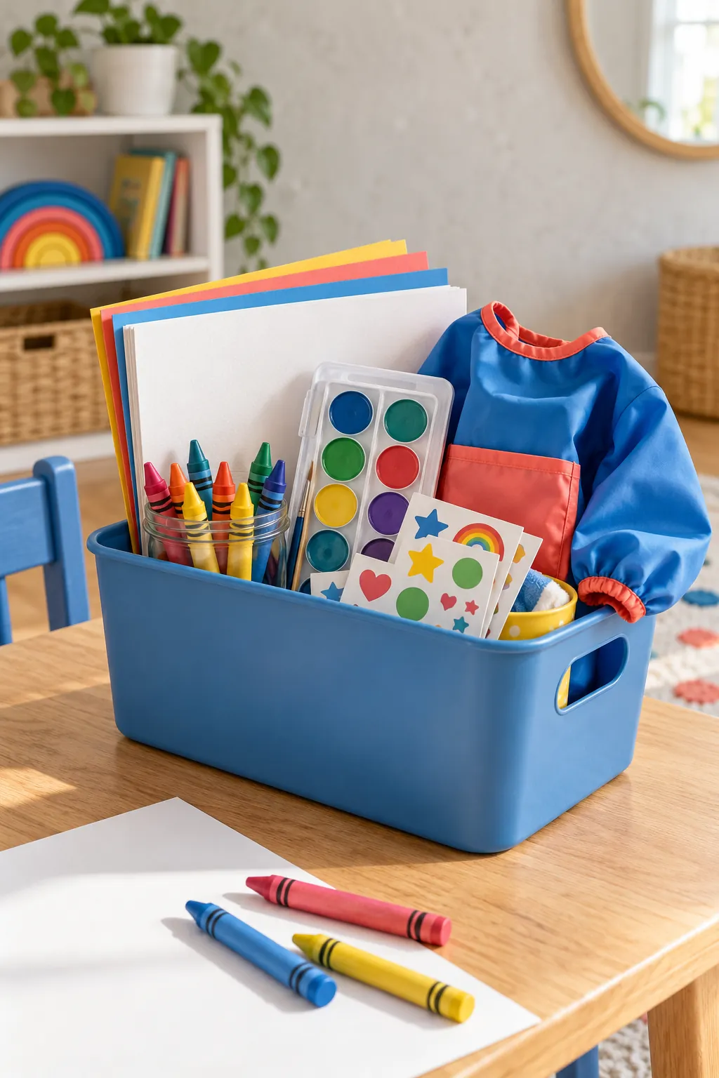 Small kids art basket arranged with chunky crayons, watercolor cakes, thick paper, stickers, and a smock