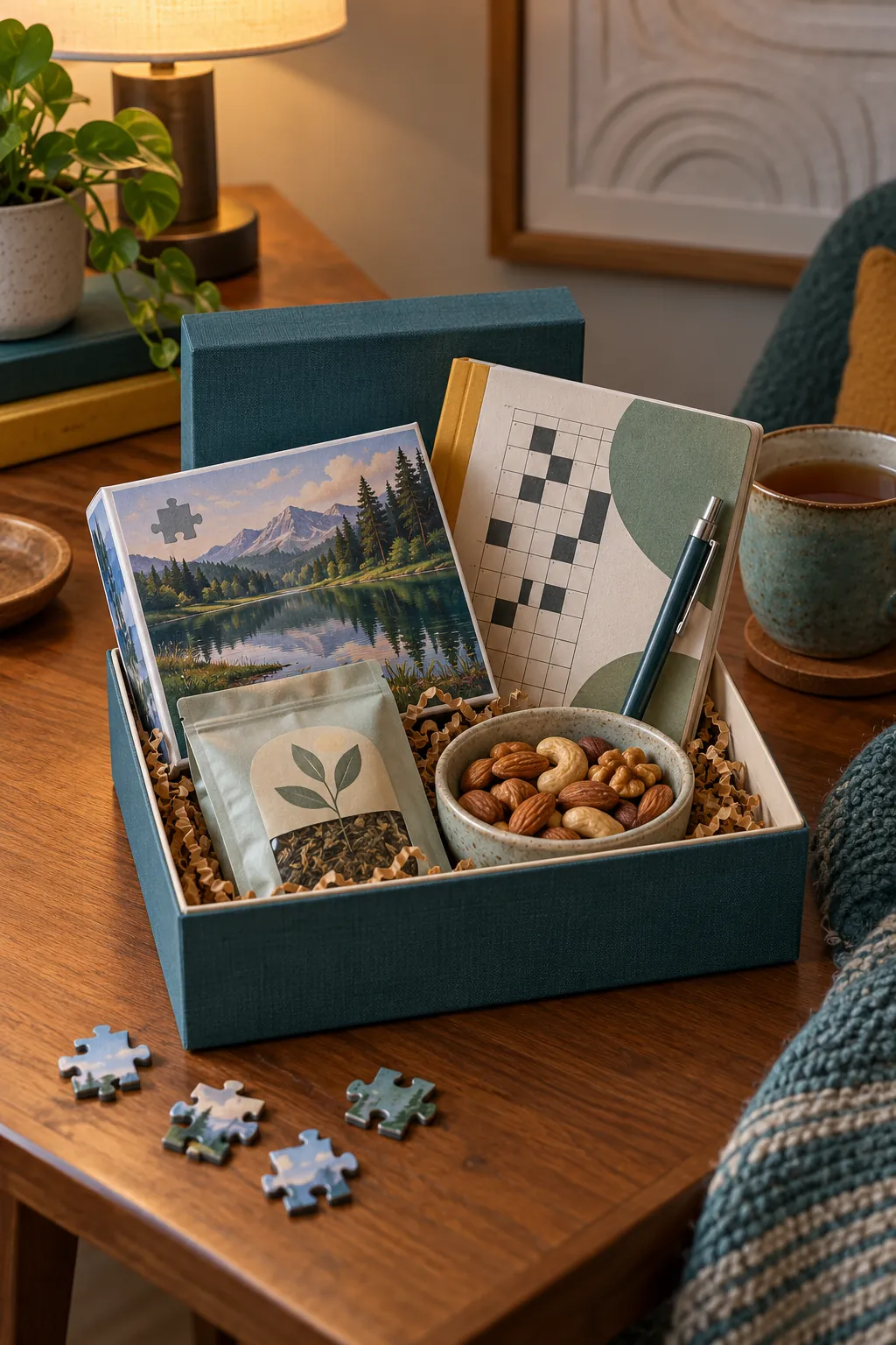 Small puzzle lover basket arranged with a compact jigsaw puzzle, pencil puzzle book, mechanical pencil, tea, and nuts