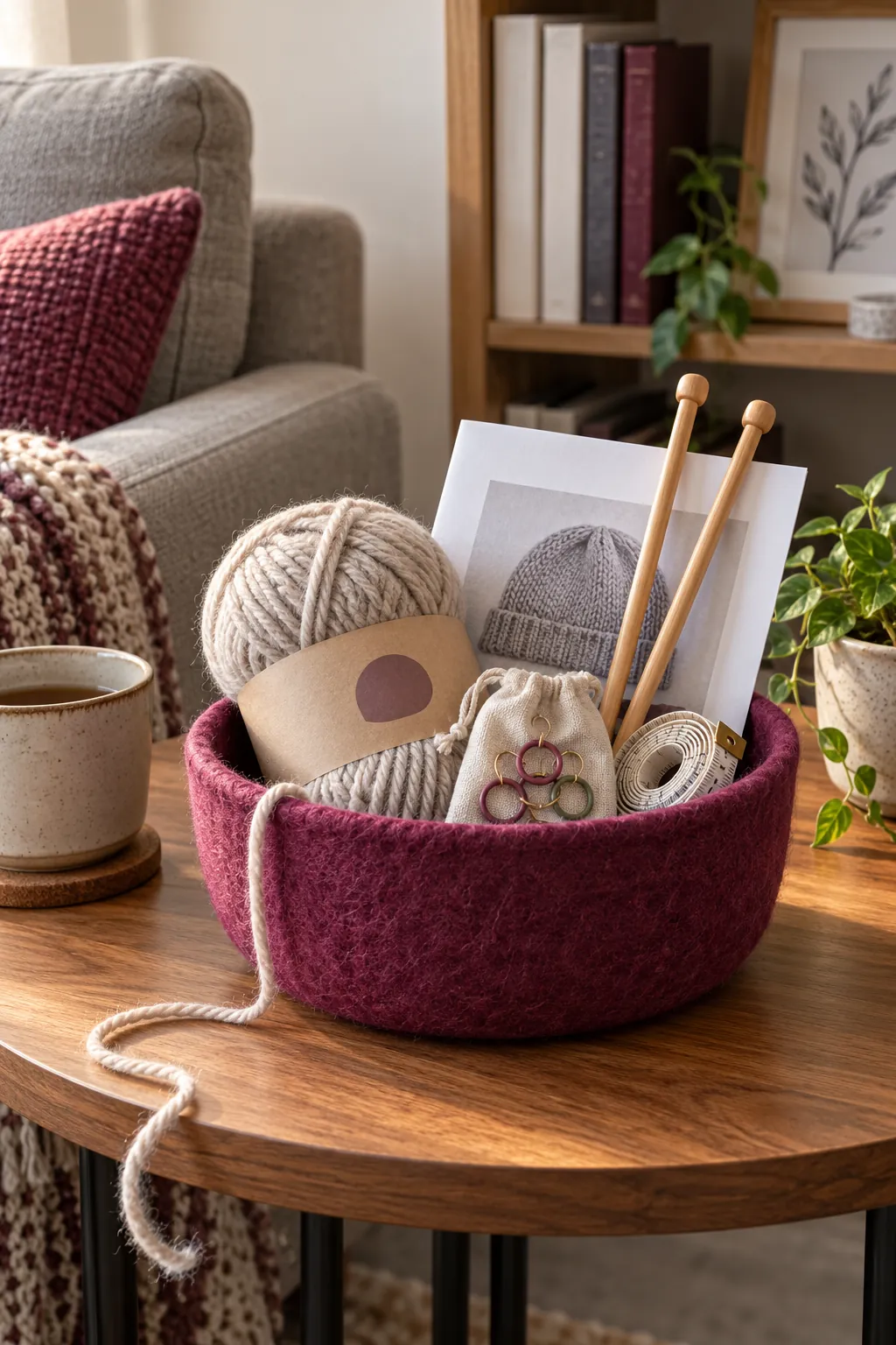 Small knitting mini basket arranged with one yarn skein, bamboo needles, stitch markers, tape measure, and a starter pattern