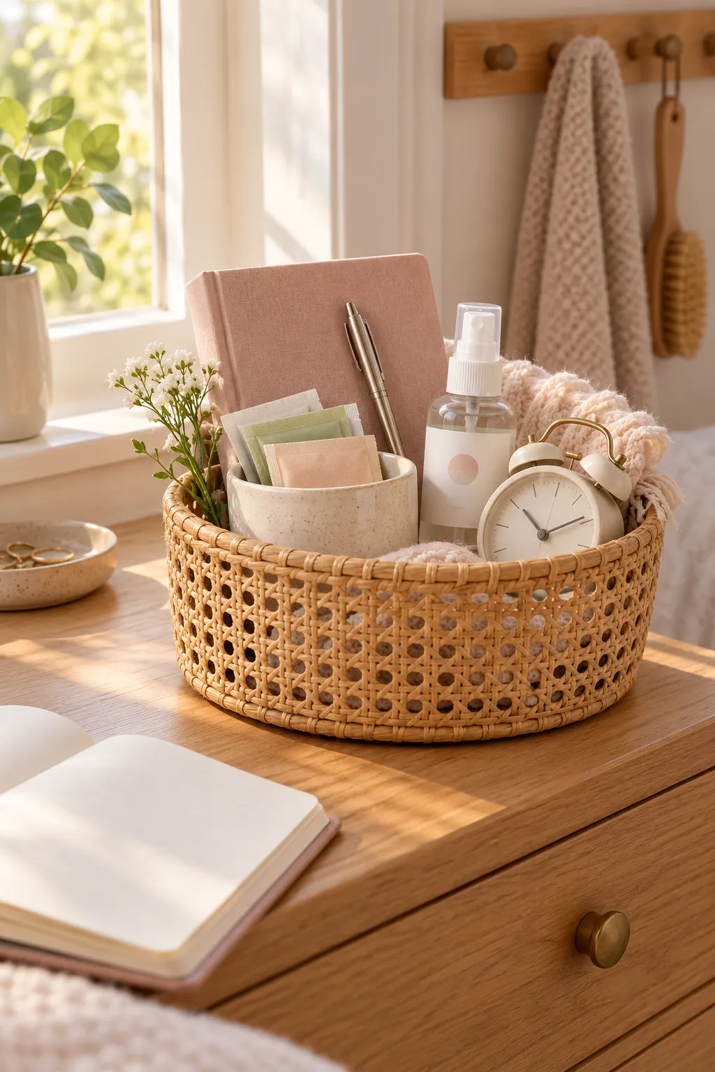 Small morning reset basket arranged with a journal, smooth pen, tea, face mist, and a small alarm clock