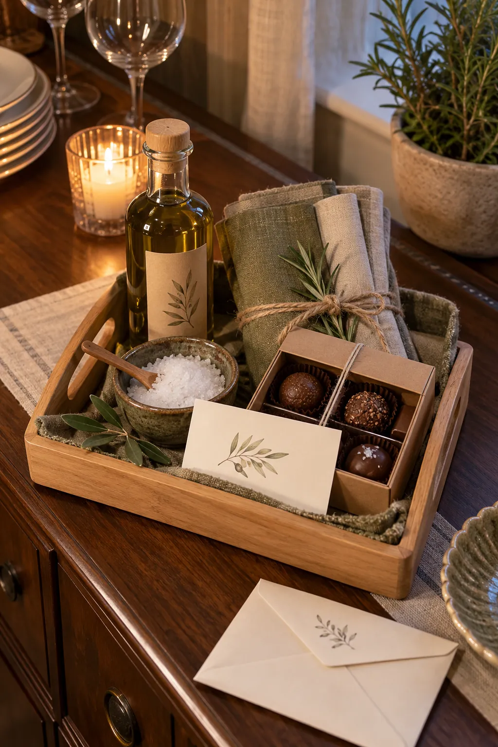 Small host thank you basket arranged with olive oil, flaky salt, linen napkins, chocolates, and a thank you card