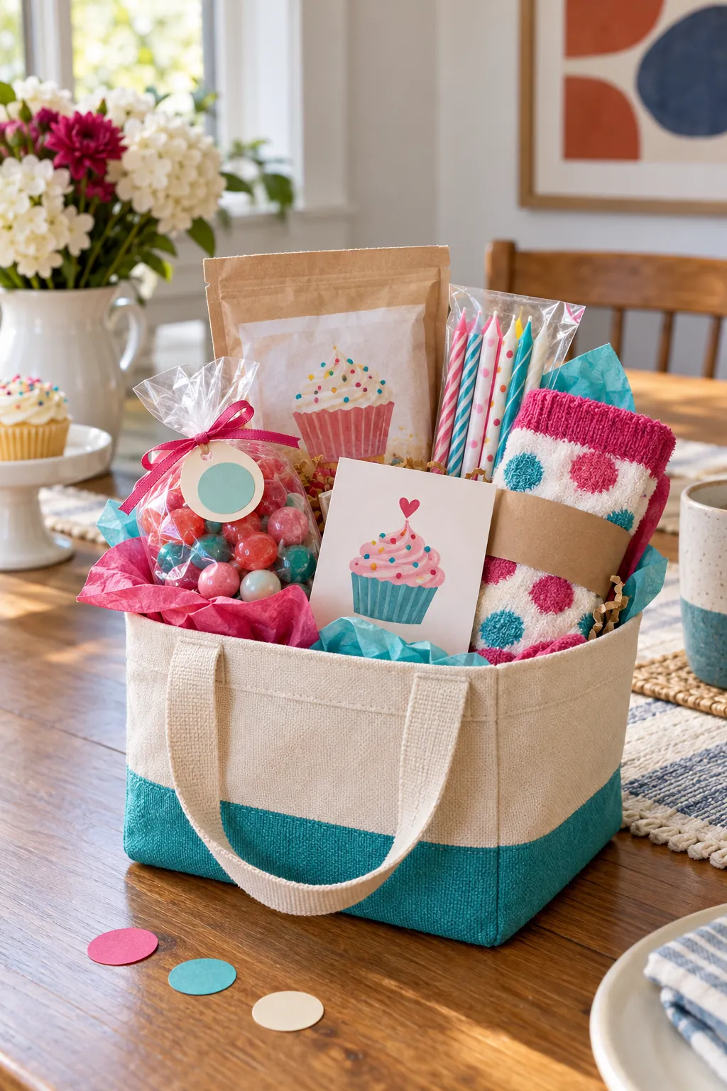 Small budget birthday basket arranged with favorite candy, a mini cake mix, paper candles, fun socks, and a personal note