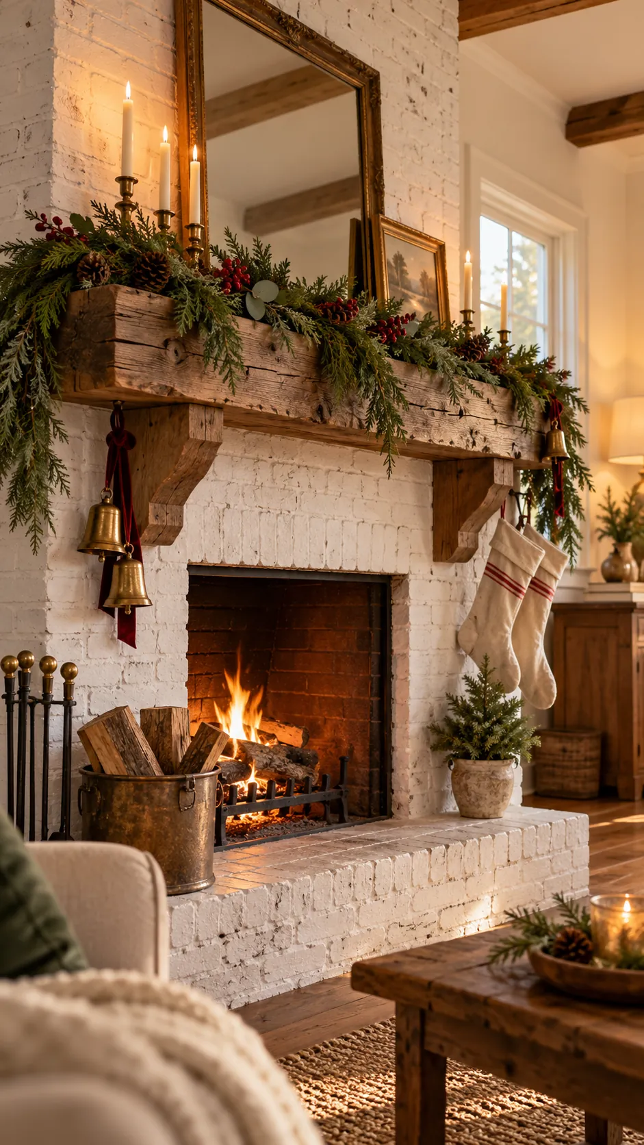 Reclaimed Beam and Cedar rustic Christmas fireplace decor