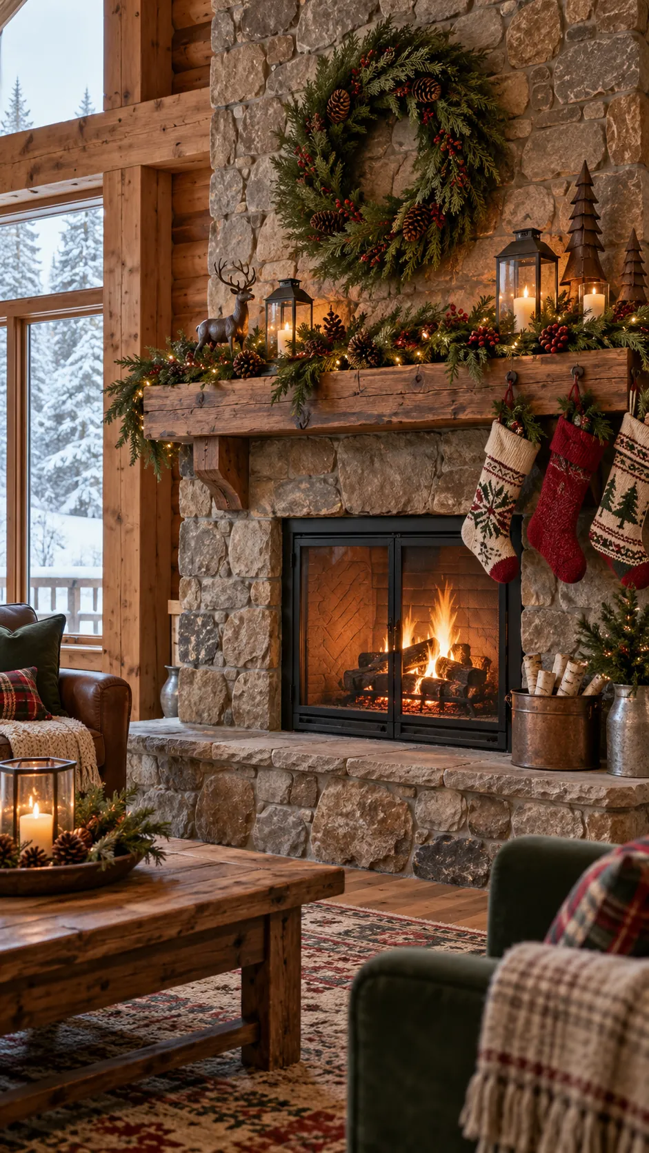 Rustic Christmas fireplace with cedar, stockings, lanterns, and natural textures