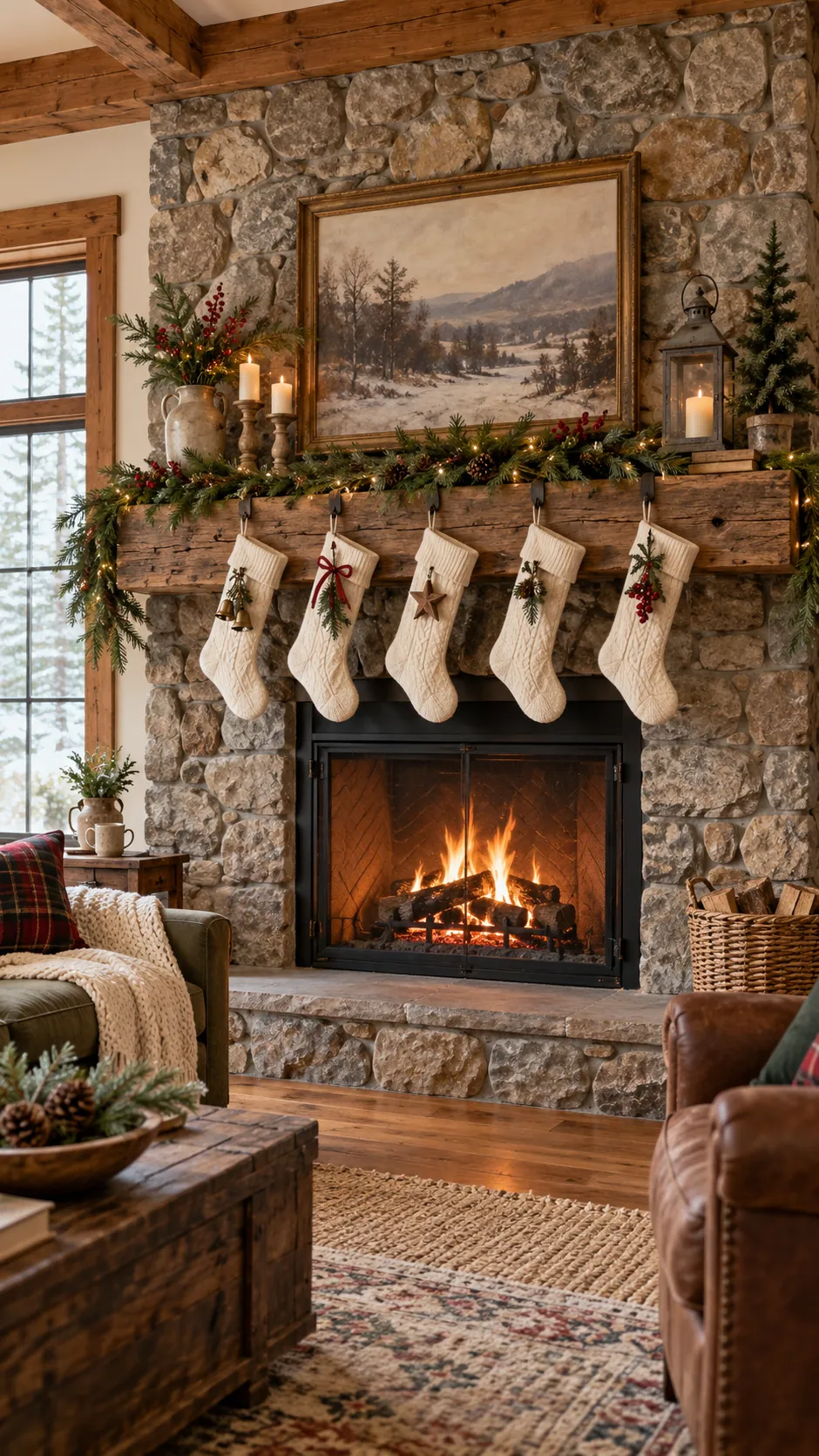 Fieldstone With Cream Stockings rustic Christmas fireplace decor