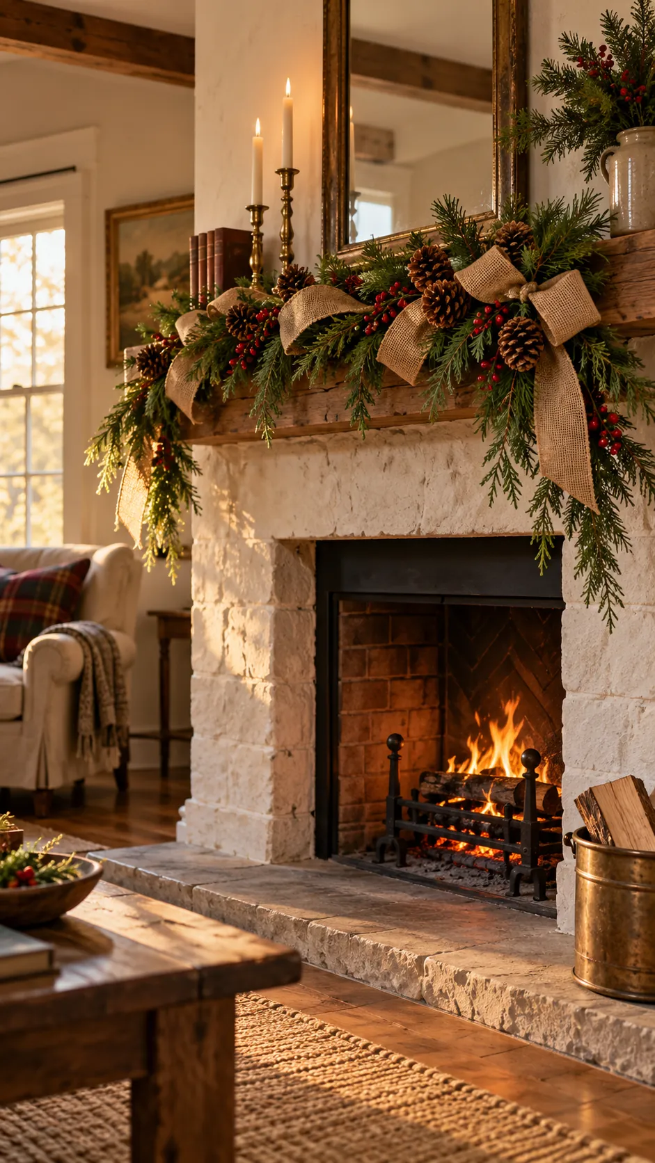 Burlap Ribbon Pine Sweep rustic Christmas fireplace decor
